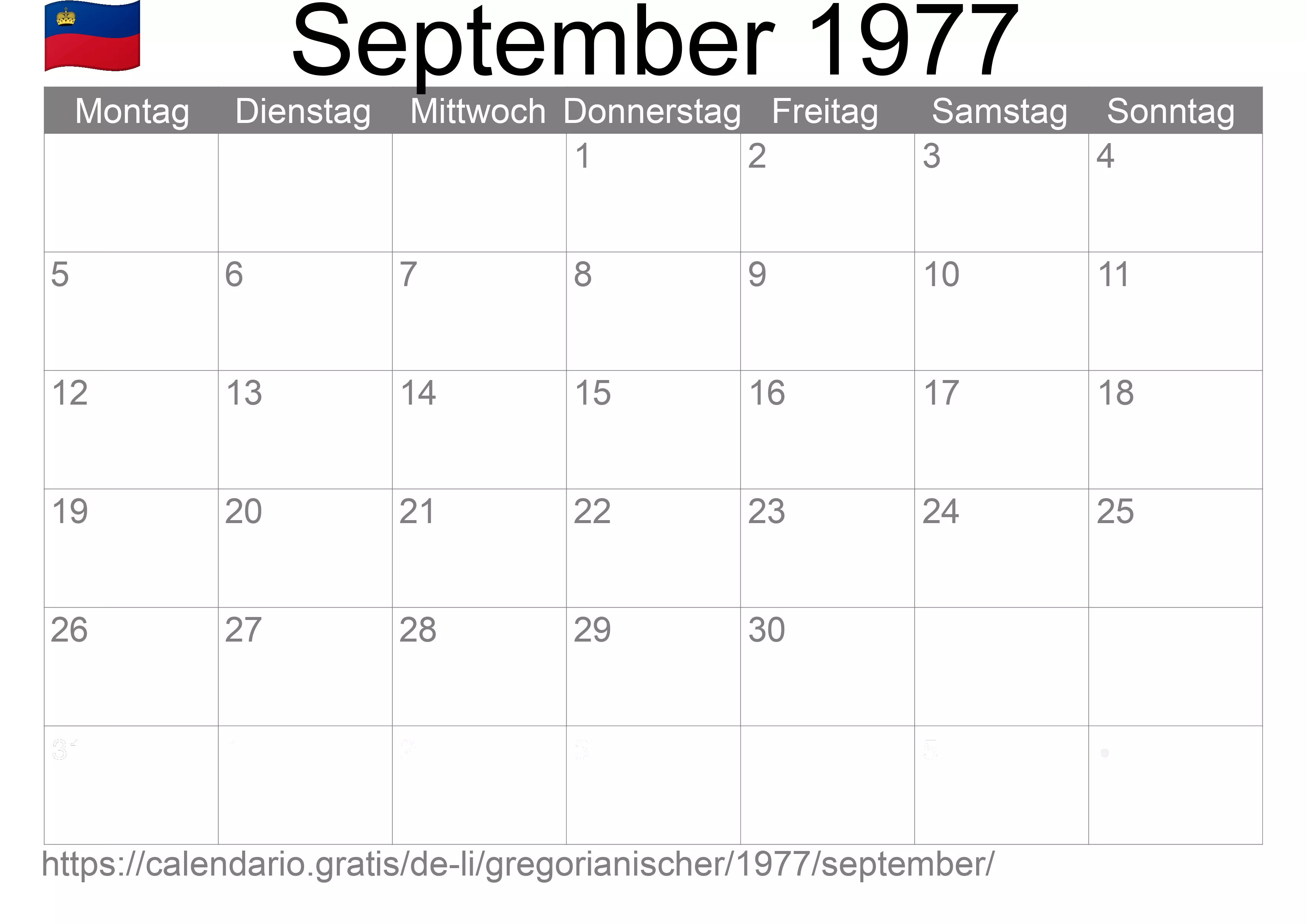 Kalender September 1977 zum Ausdrucken (Liechtenstein)