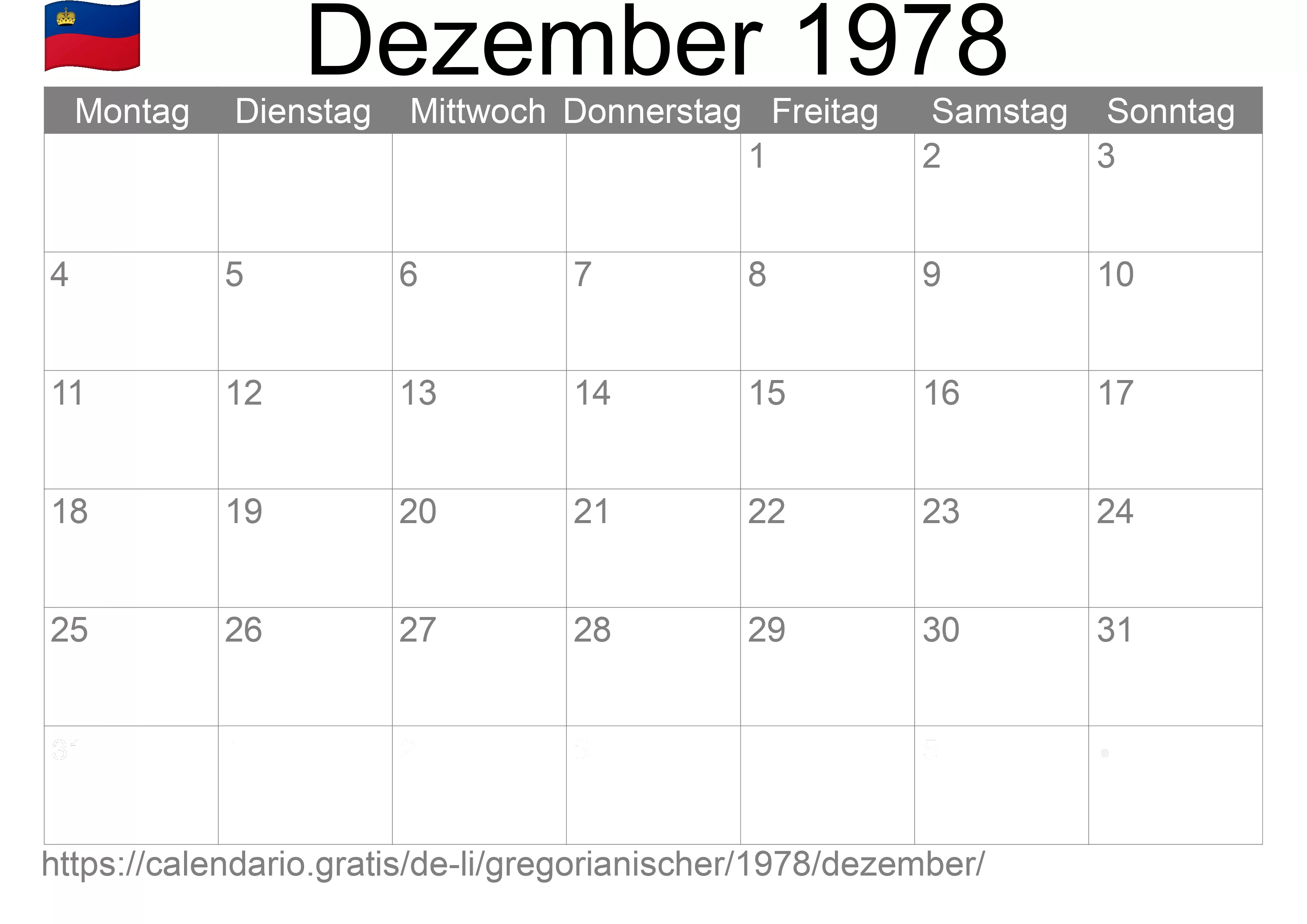 Kalender Dezember 1978 zum Ausdrucken (Liechtenstein)