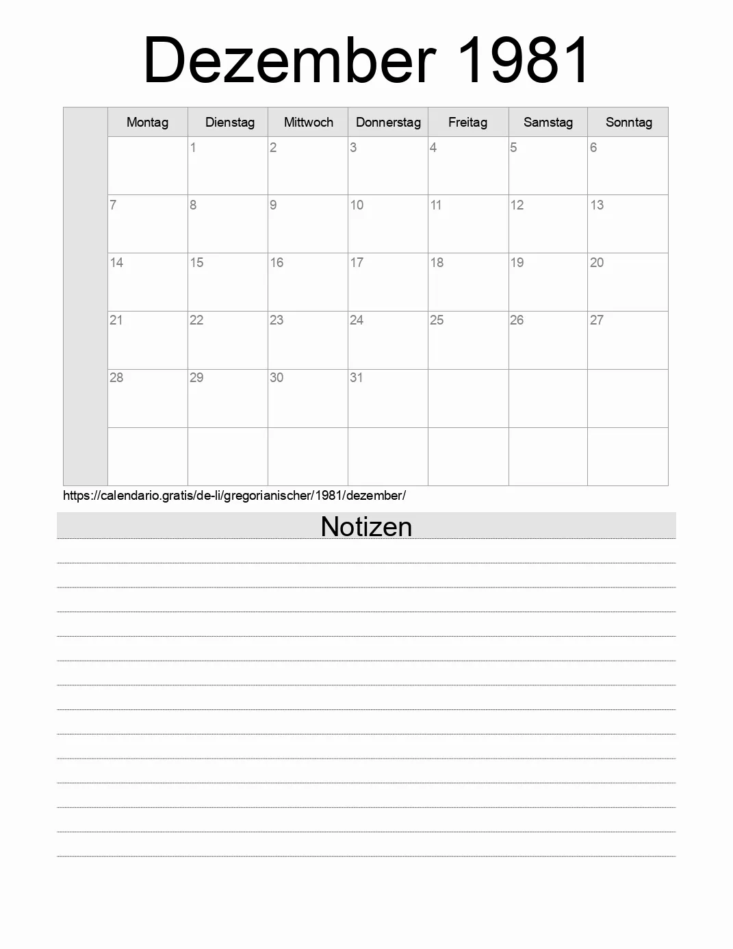 Kalender für Dezember 1981 zum Drucken mit Notizen. (Liechtenstein)