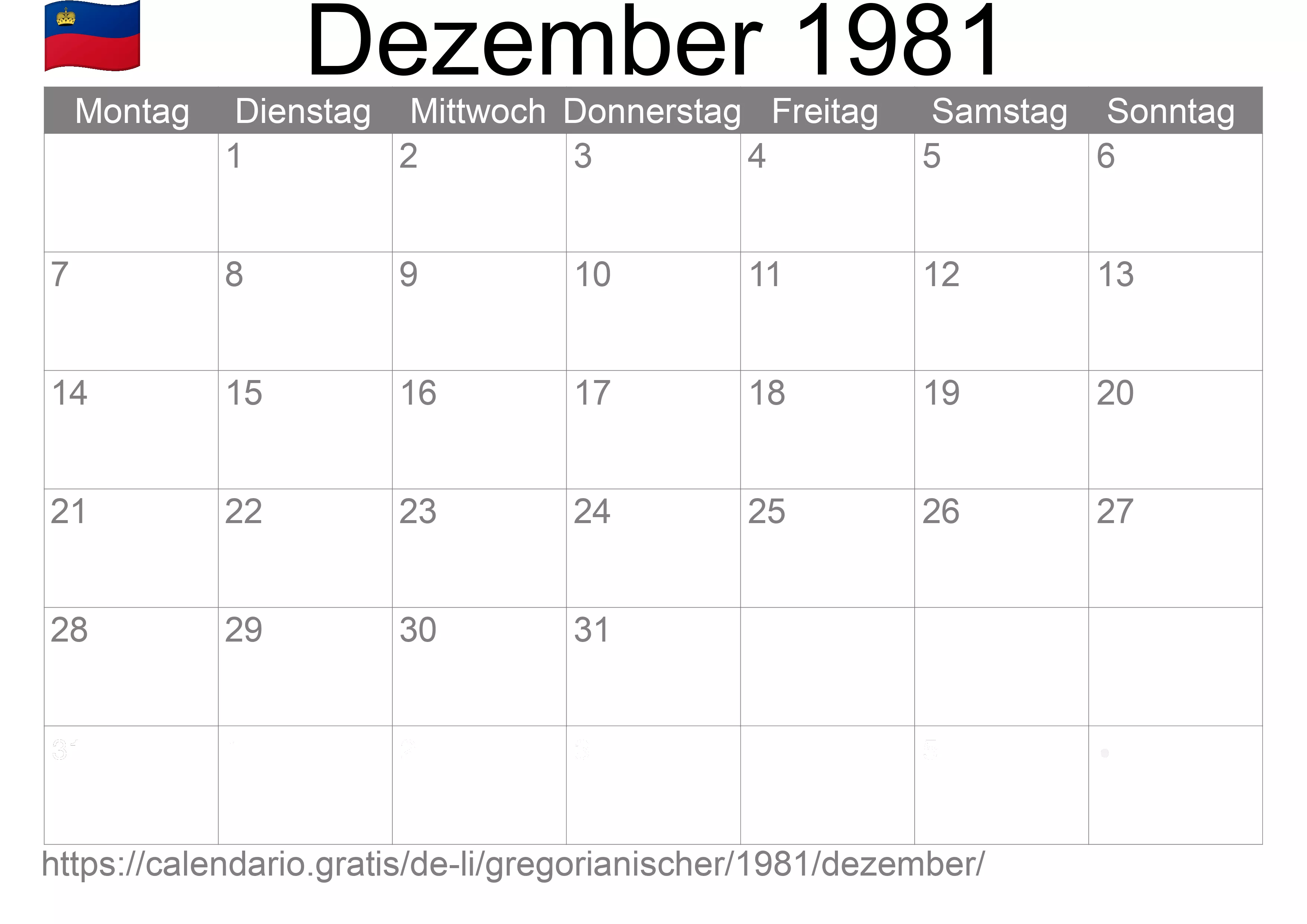 Kalender Dezember 1981 zum Ausdrucken (Liechtenstein)