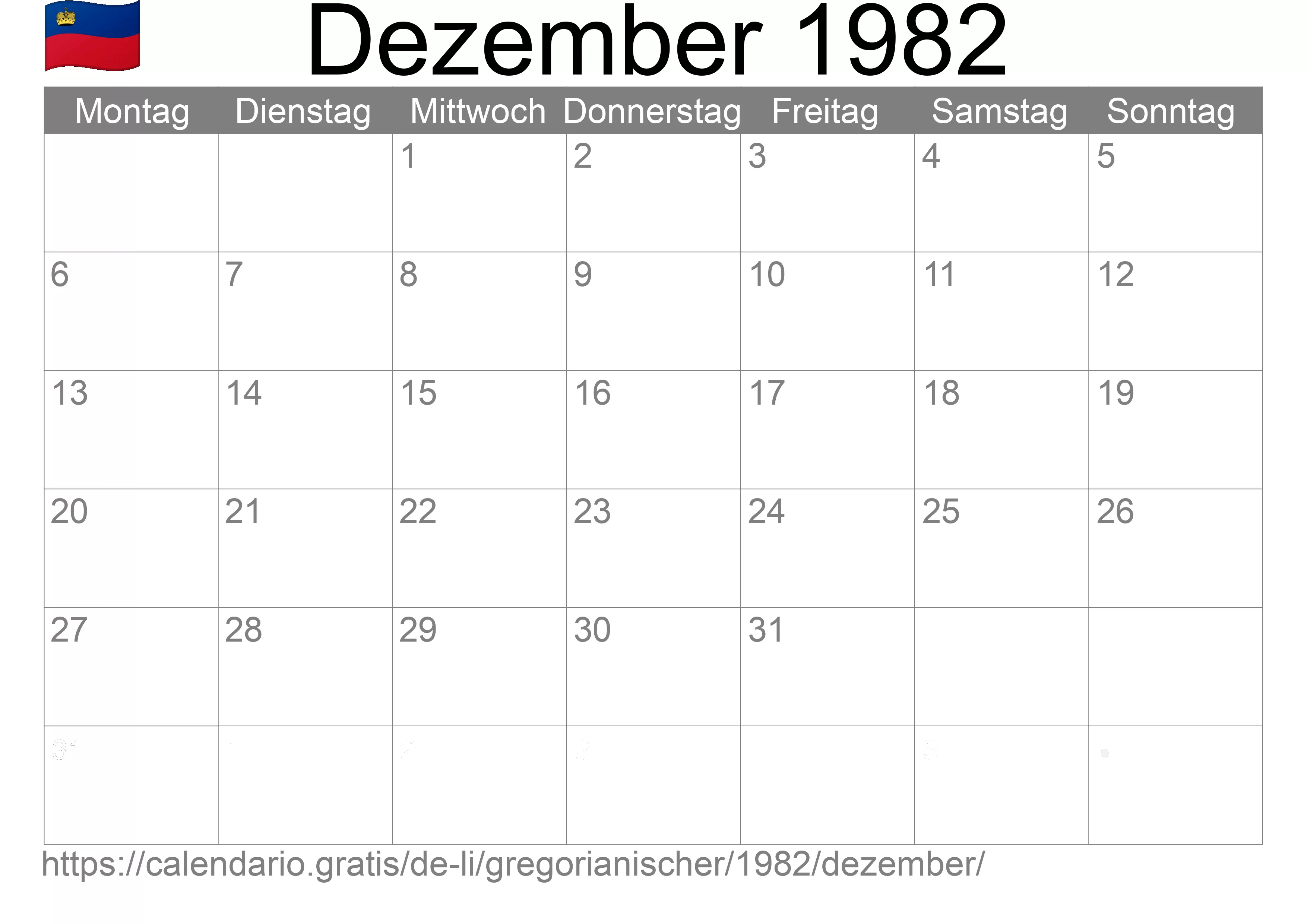 Kalender Dezember 1982 zum Ausdrucken (Liechtenstein)