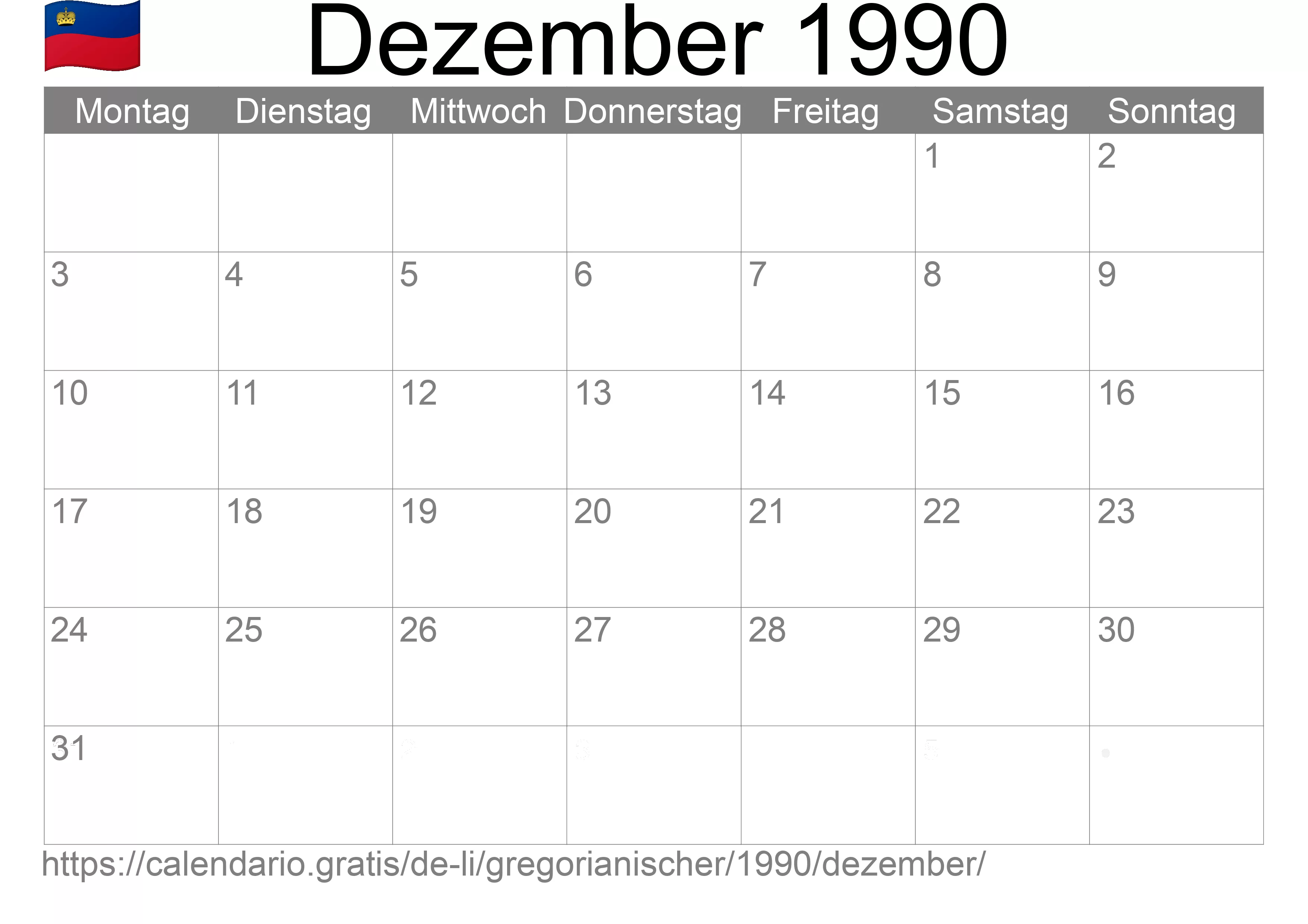 Kalender Dezember 1990 zum Ausdrucken (Liechtenstein)