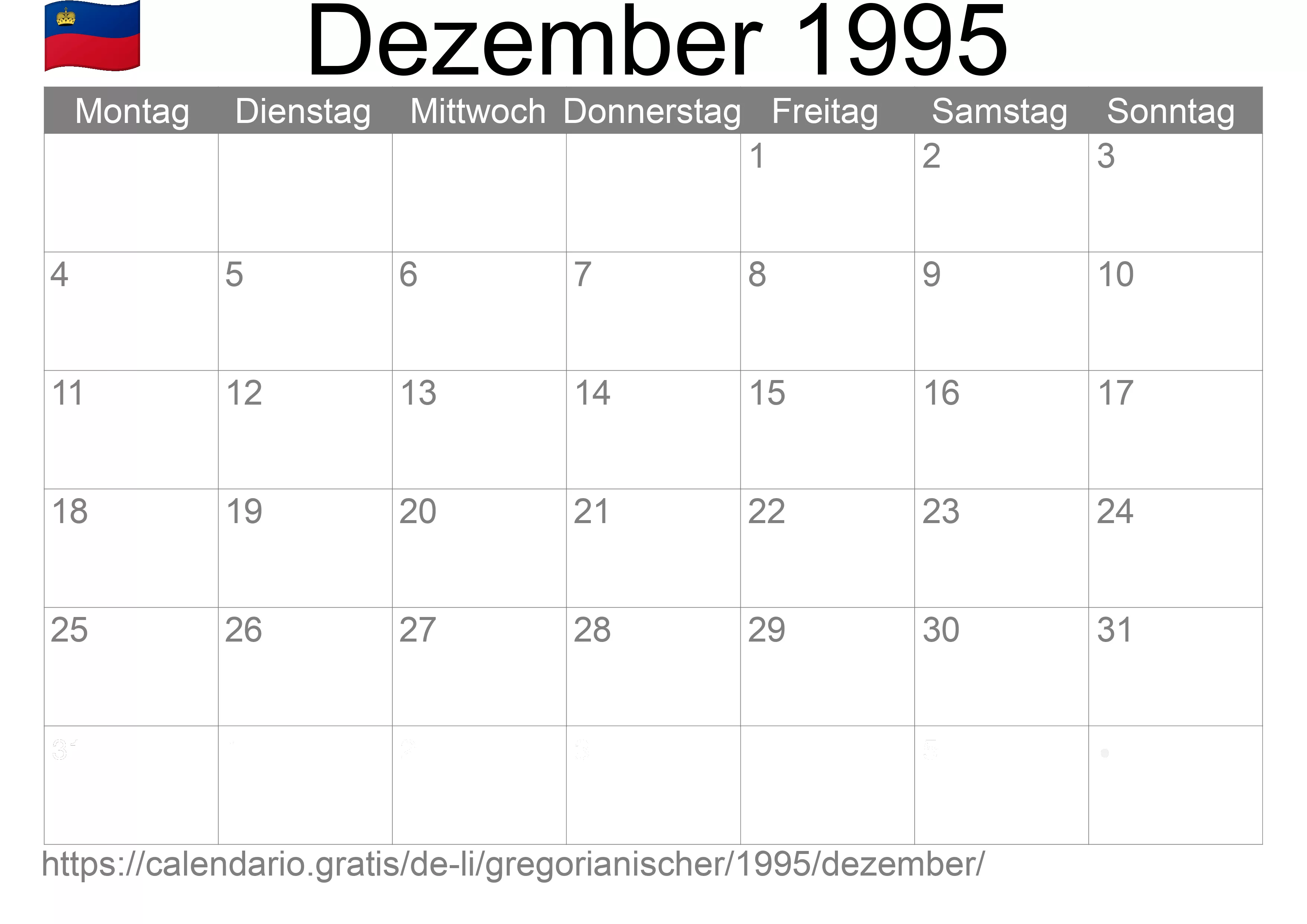 Kalender Dezember 1995 zum Ausdrucken (Liechtenstein)