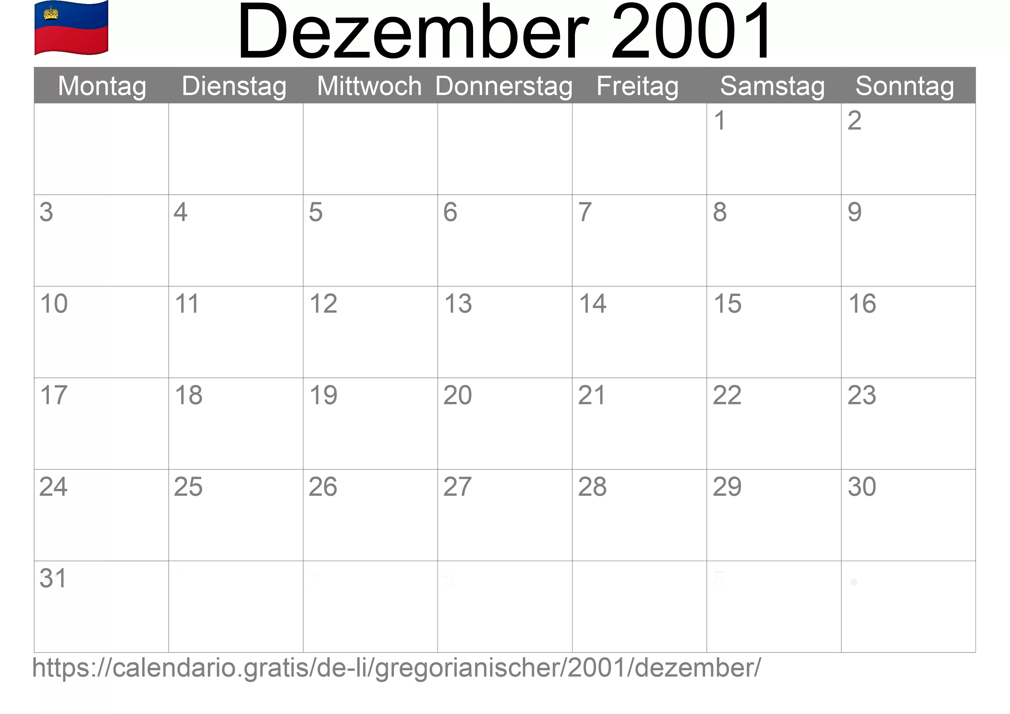 Kalender Dezember 2001 zum Ausdrucken (Liechtenstein)