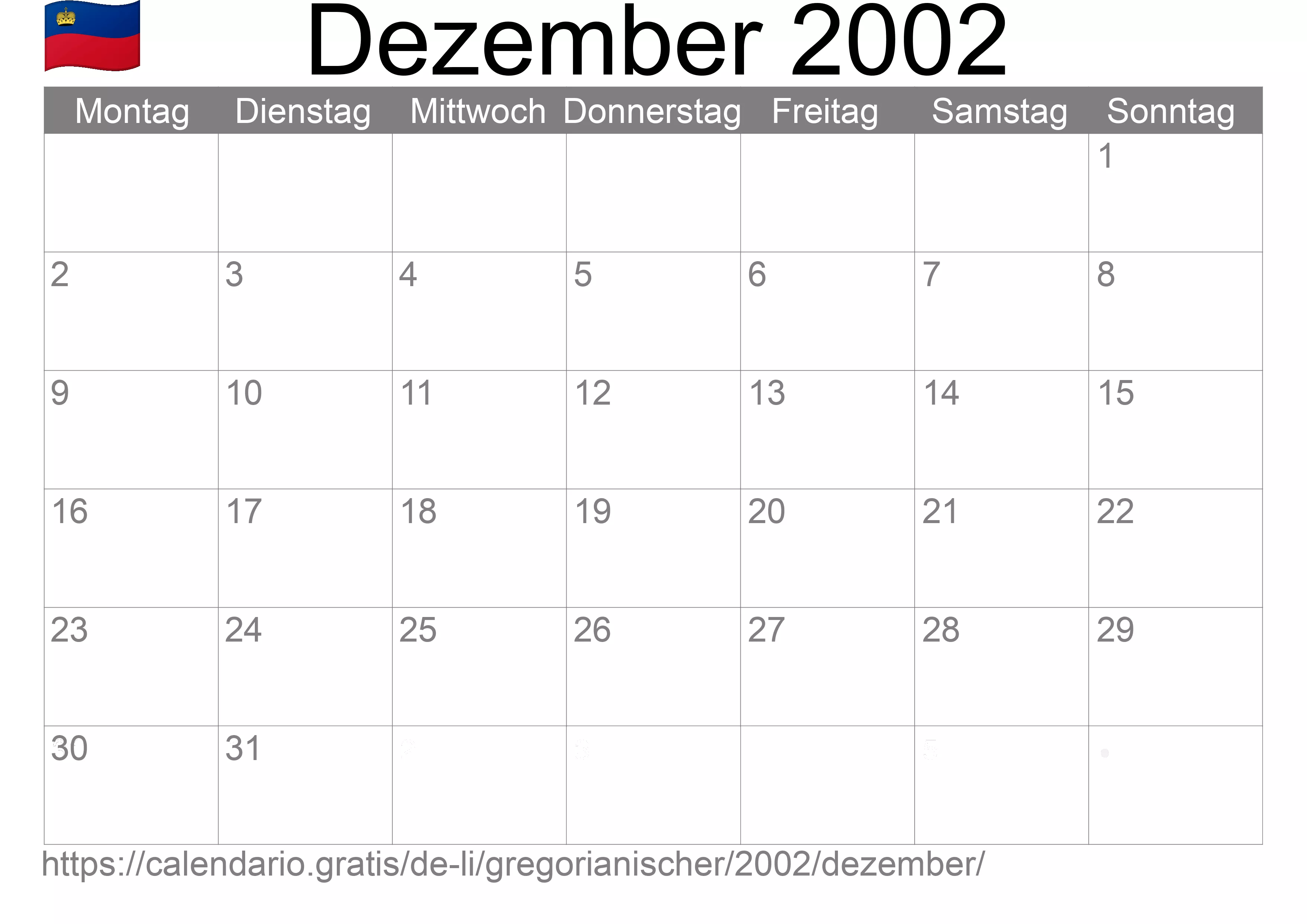 Kalender Dezember 2002 zum Ausdrucken (Liechtenstein)