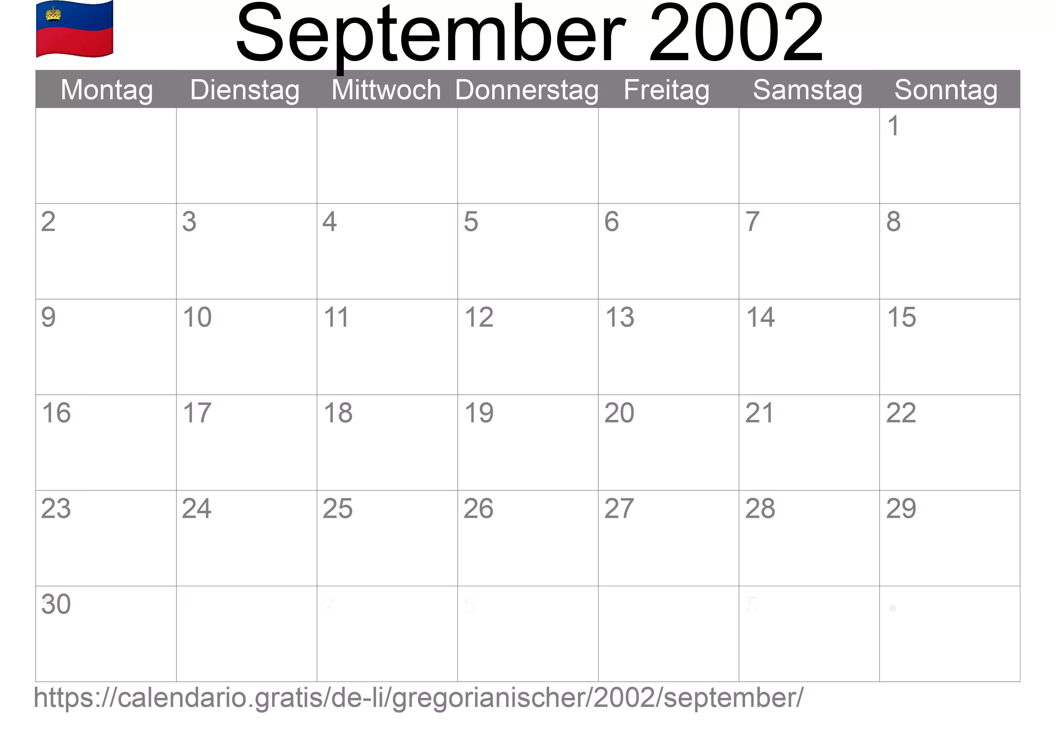Kalender September 2002 zum Ausdrucken (Liechtenstein)