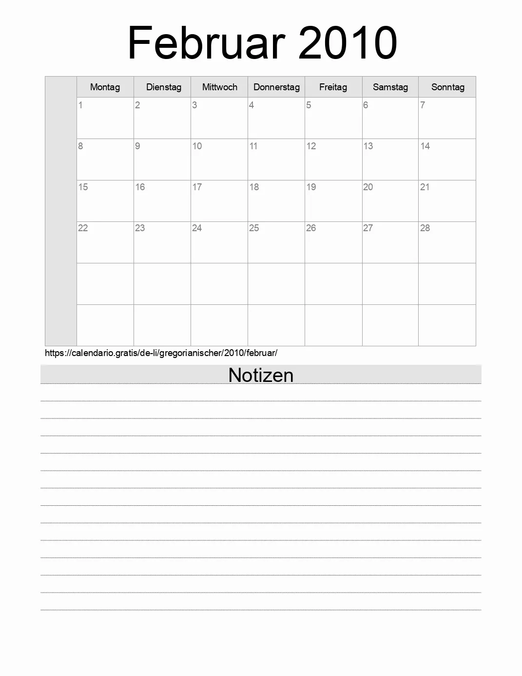 Kalender für Februar 2010 zum Drucken mit Notizen. (Liechtenstein)