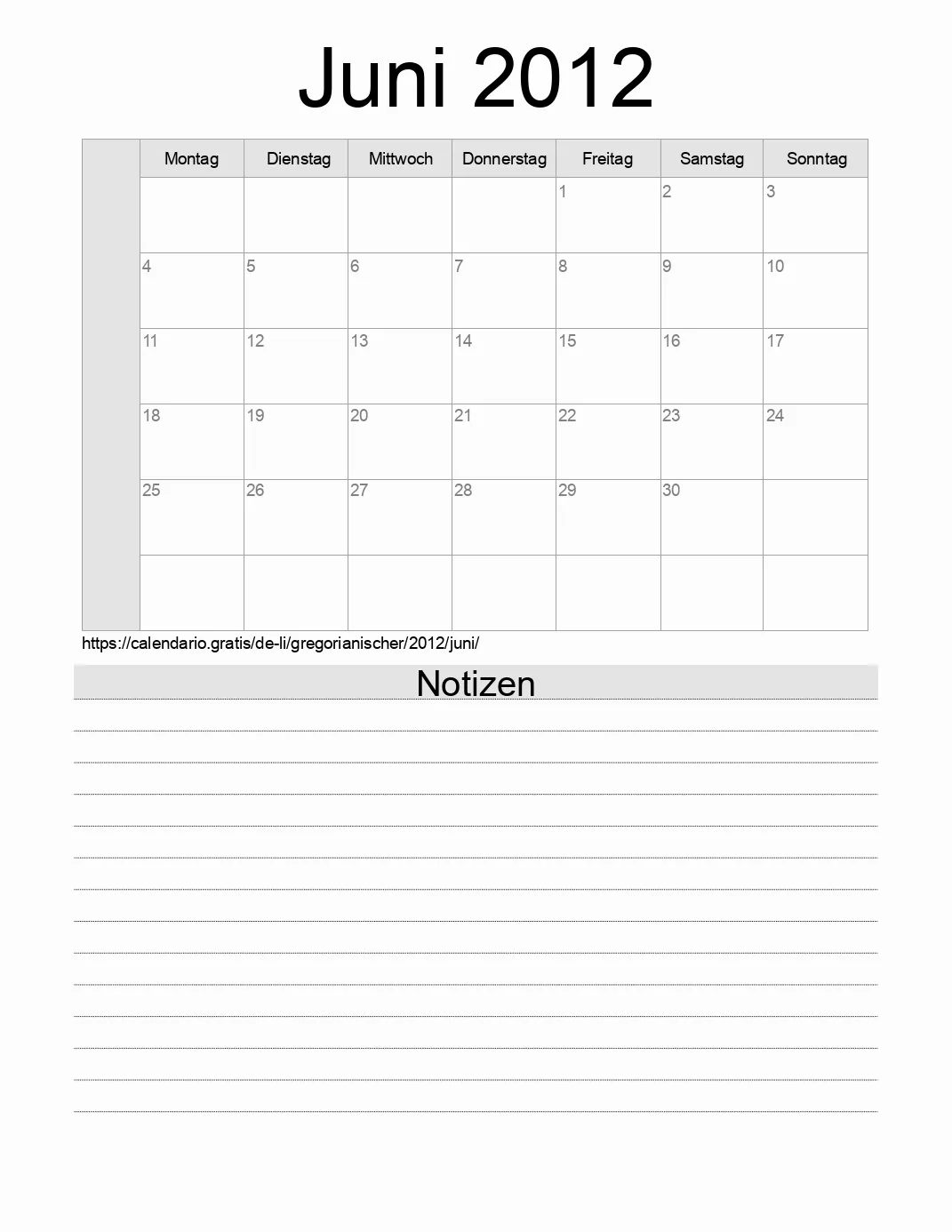 Kalender für Juni 2012 zum Drucken mit Notizen. (Liechtenstein)