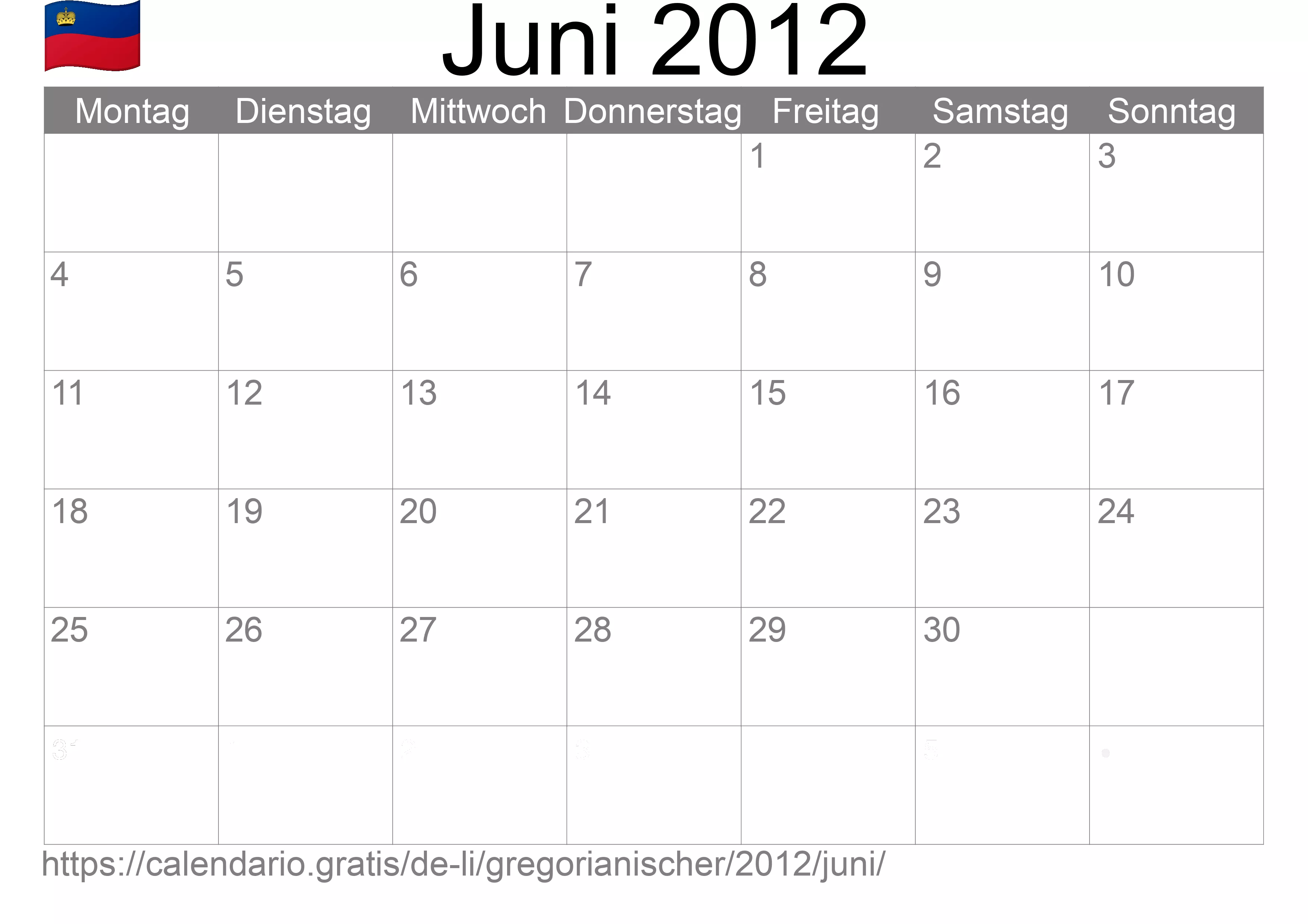 Kalender Juni 2012 zum Ausdrucken (Liechtenstein)