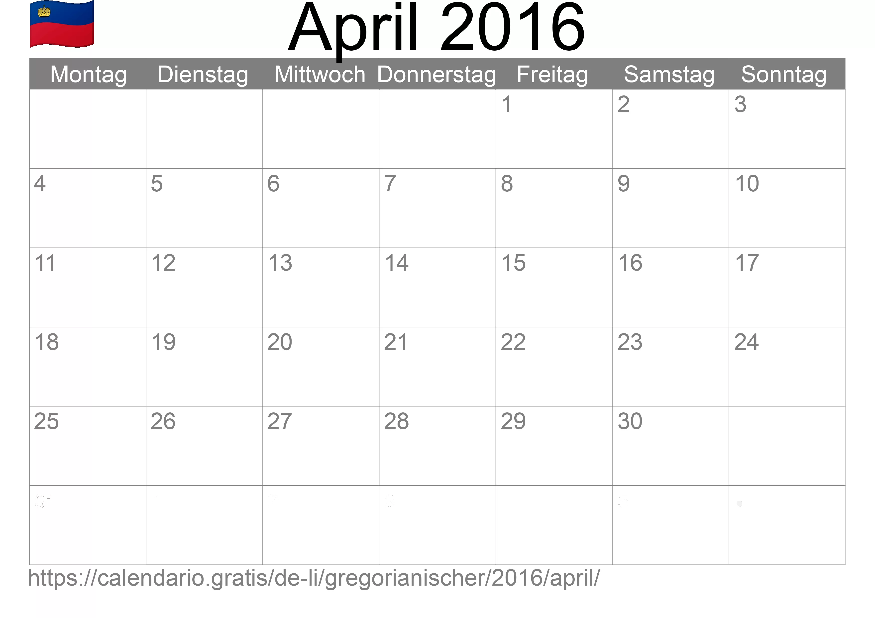 Kalender April 2016 zum Ausdrucken (Liechtenstein)
