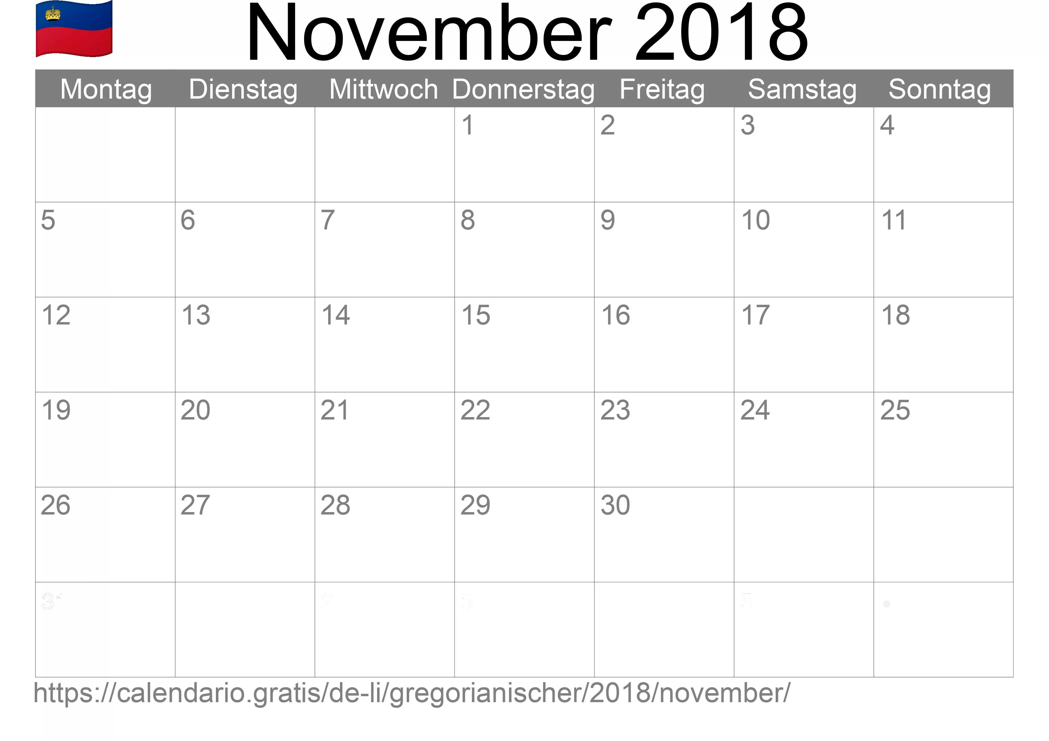 Kalender November 2018 zum Ausdrucken (Liechtenstein)