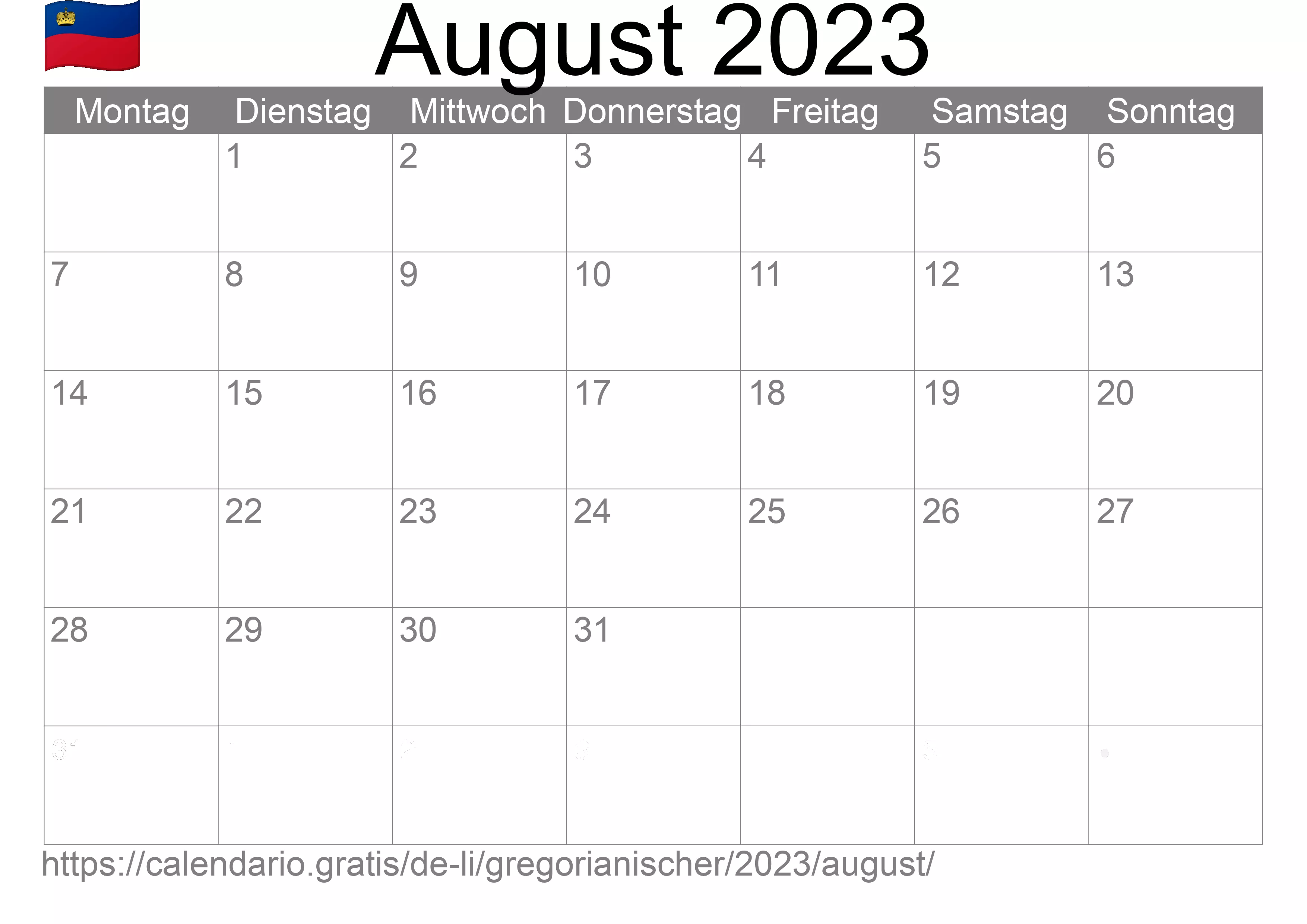 Kalender August 2023 zum Ausdrucken (Liechtenstein) Kalender August 2023 zum Ausdrucken (Liechtenstein)