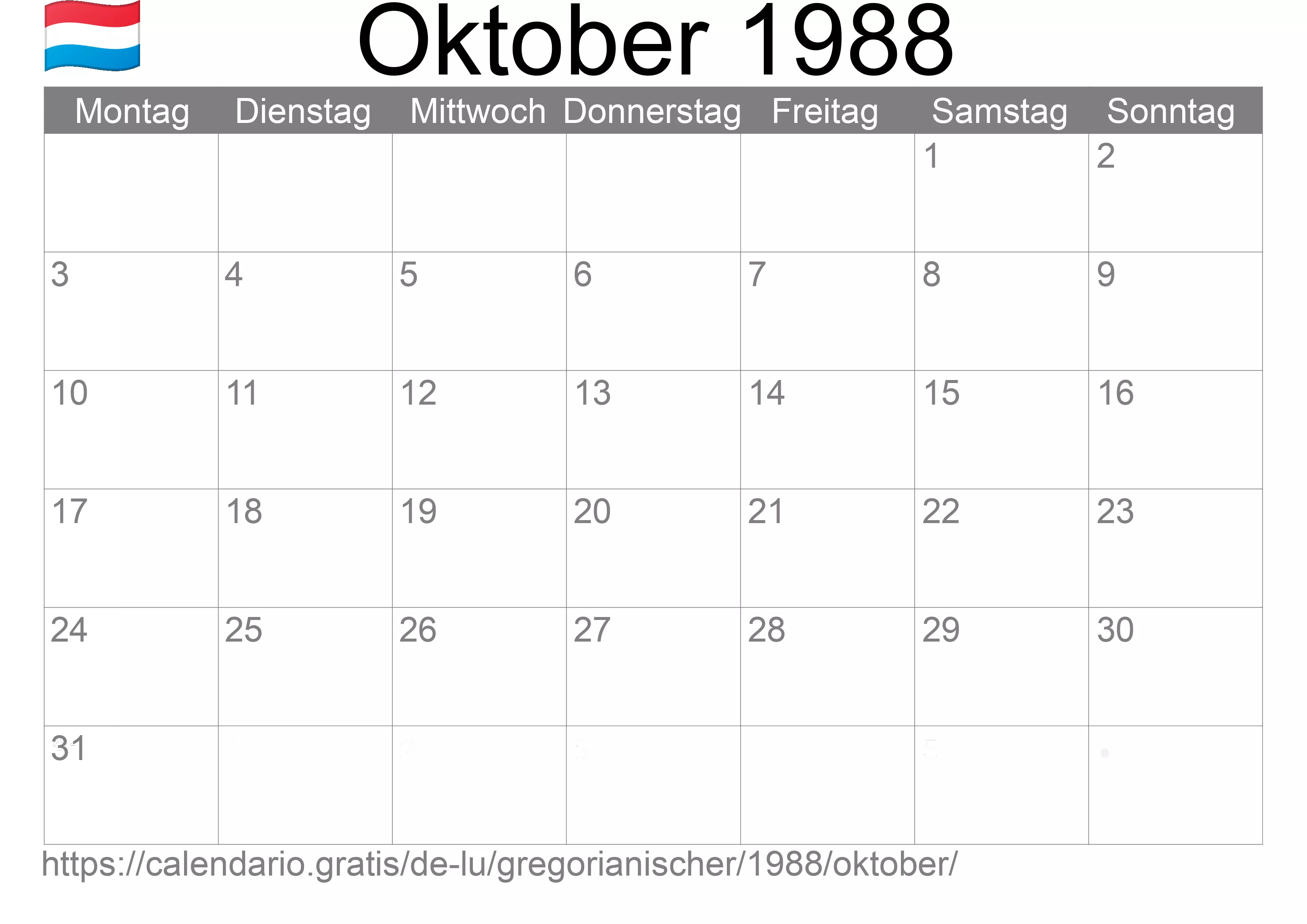 Kalender Oktober 1988 zum Ausdrucken (Luxemburg)