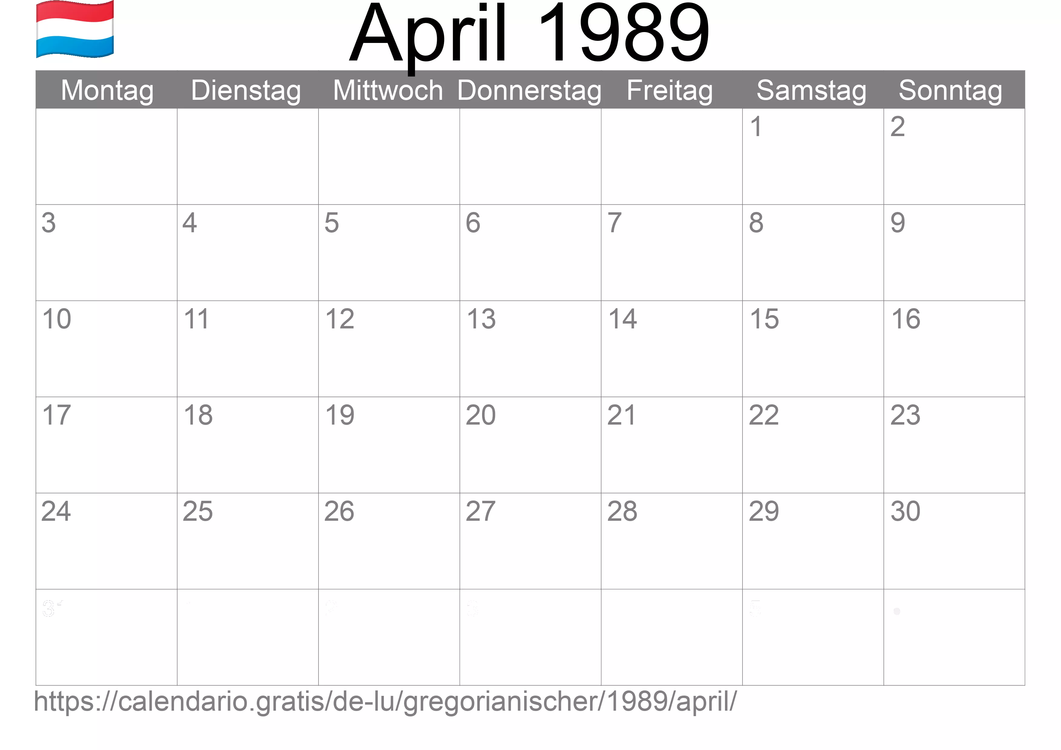 Kalender April 1989 zum Ausdrucken (Luxemburg) Kalender April 1989 zum Ausdrucken (Luxemburg)