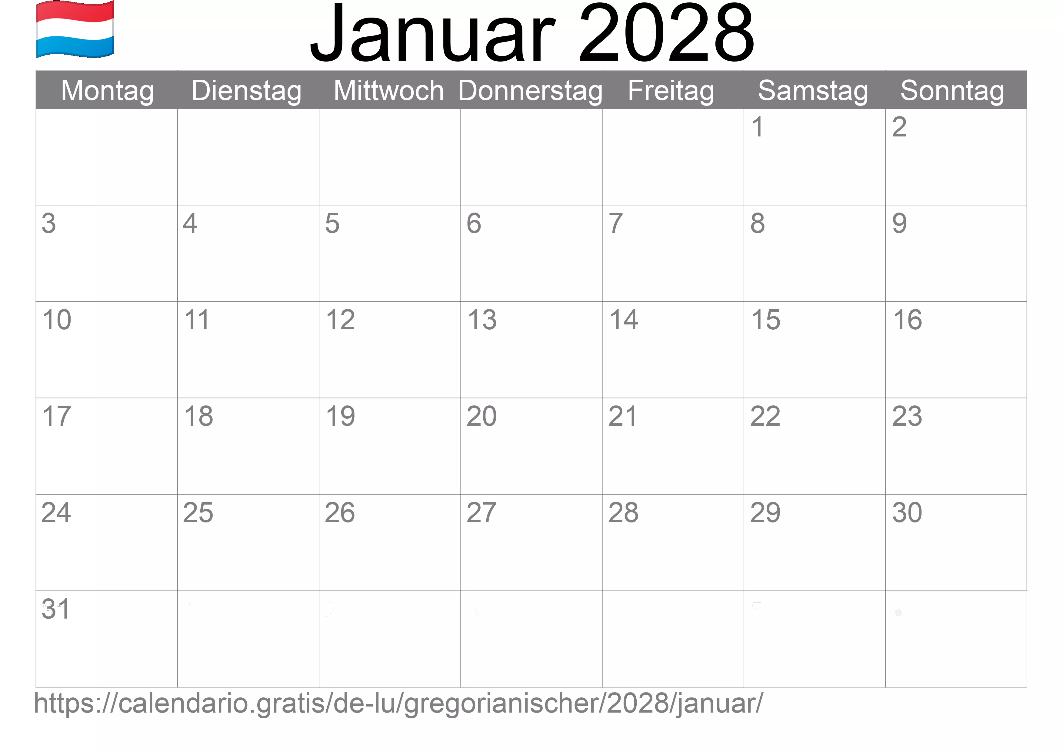 Kalender Januar 2028 zum Ausdrucken (Luxemburg)