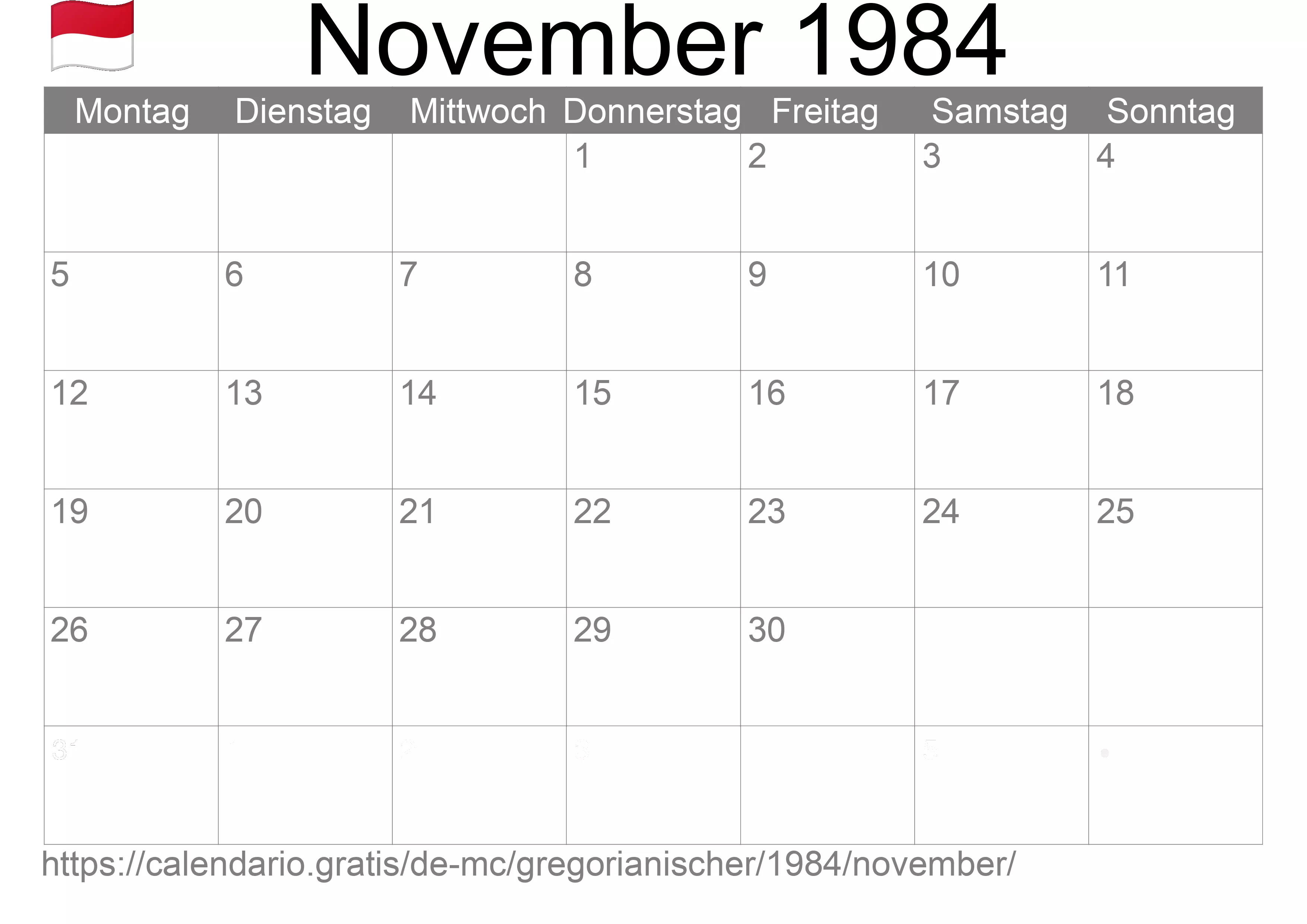 Kalender November 1984 zum Ausdrucken (Monaco)