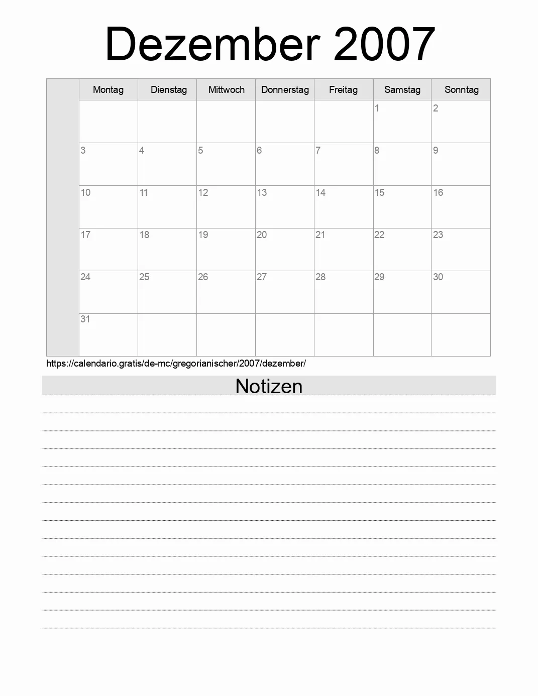 Kalender für Dezember 2007 zum Drucken mit Notizen. (Monaco) Kalender für Dezember 2007 zum Drucken mit Notizen. (Monaco)