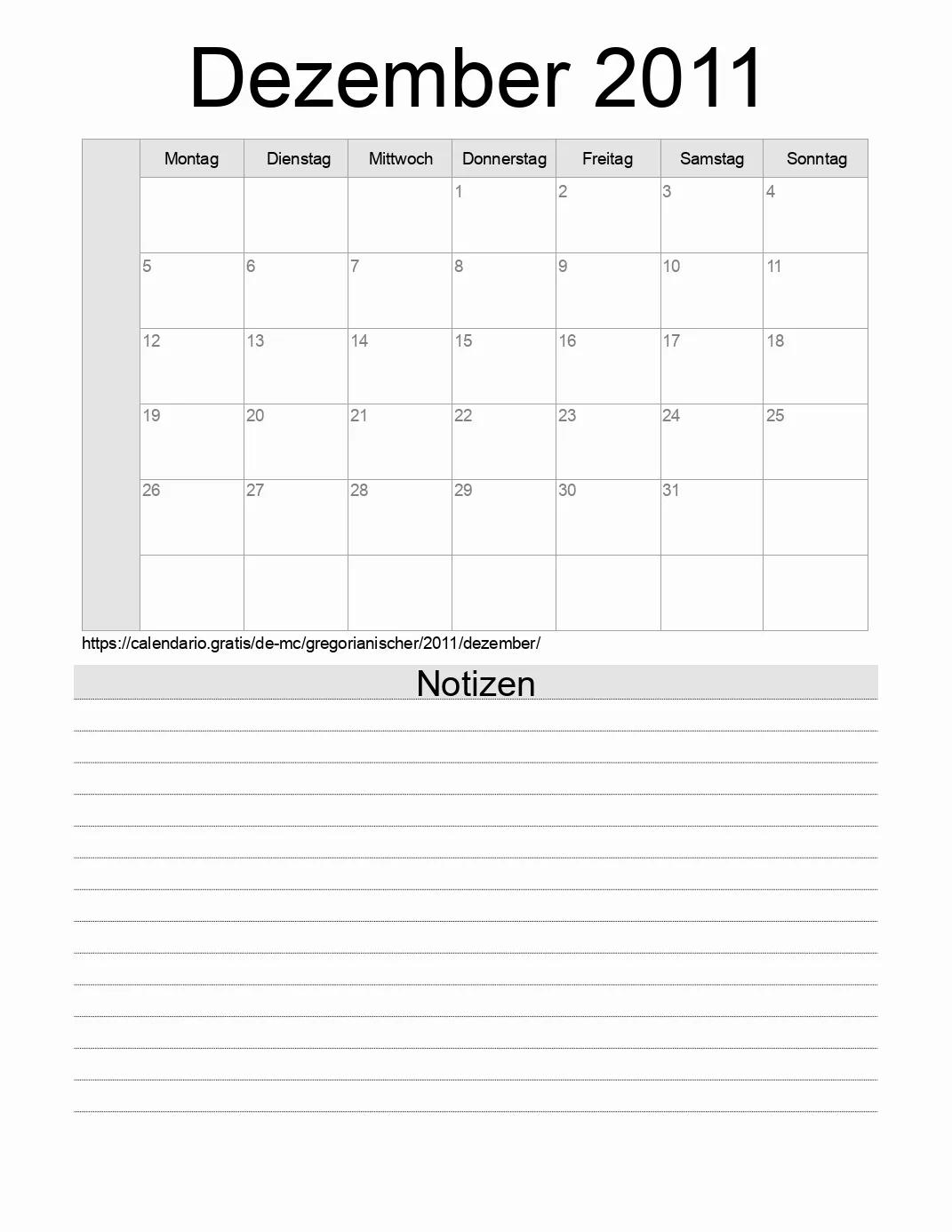 Kalender für Dezember 2011 zum Drucken mit Notizen. (Monaco) Kalender für Dezember 2011 zum Drucken mit Notizen. (Monaco)