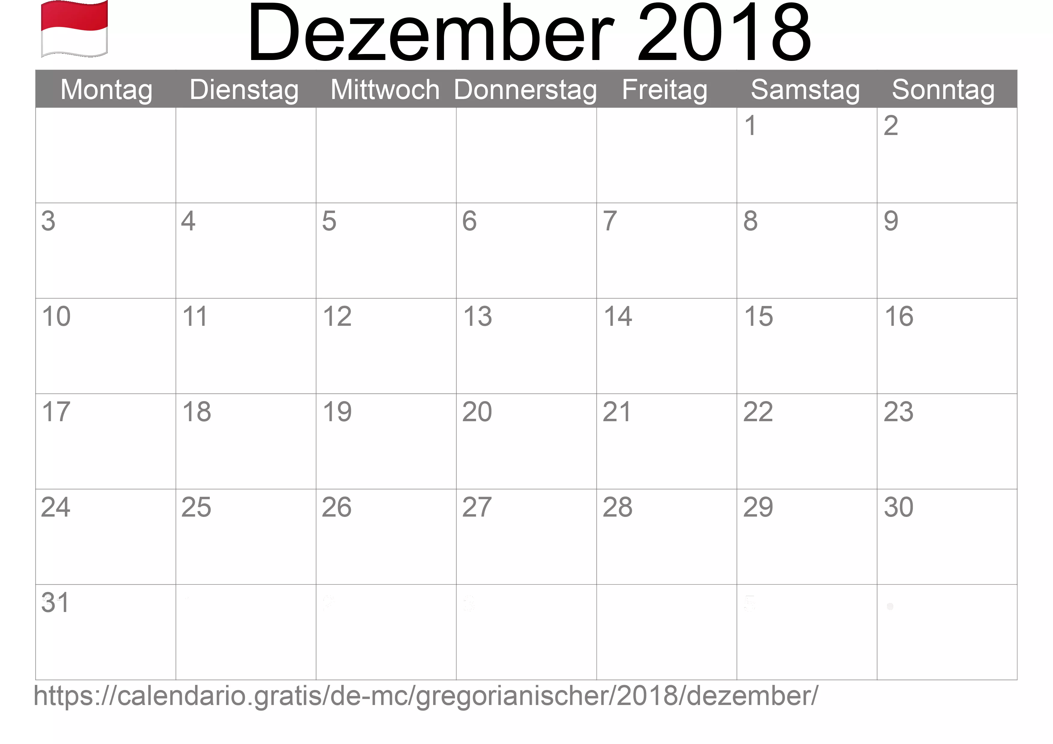 Kalender Dezember 2018 zum Ausdrucken (Monaco) Kalender Dezember 2018 zum Ausdrucken (Monaco)