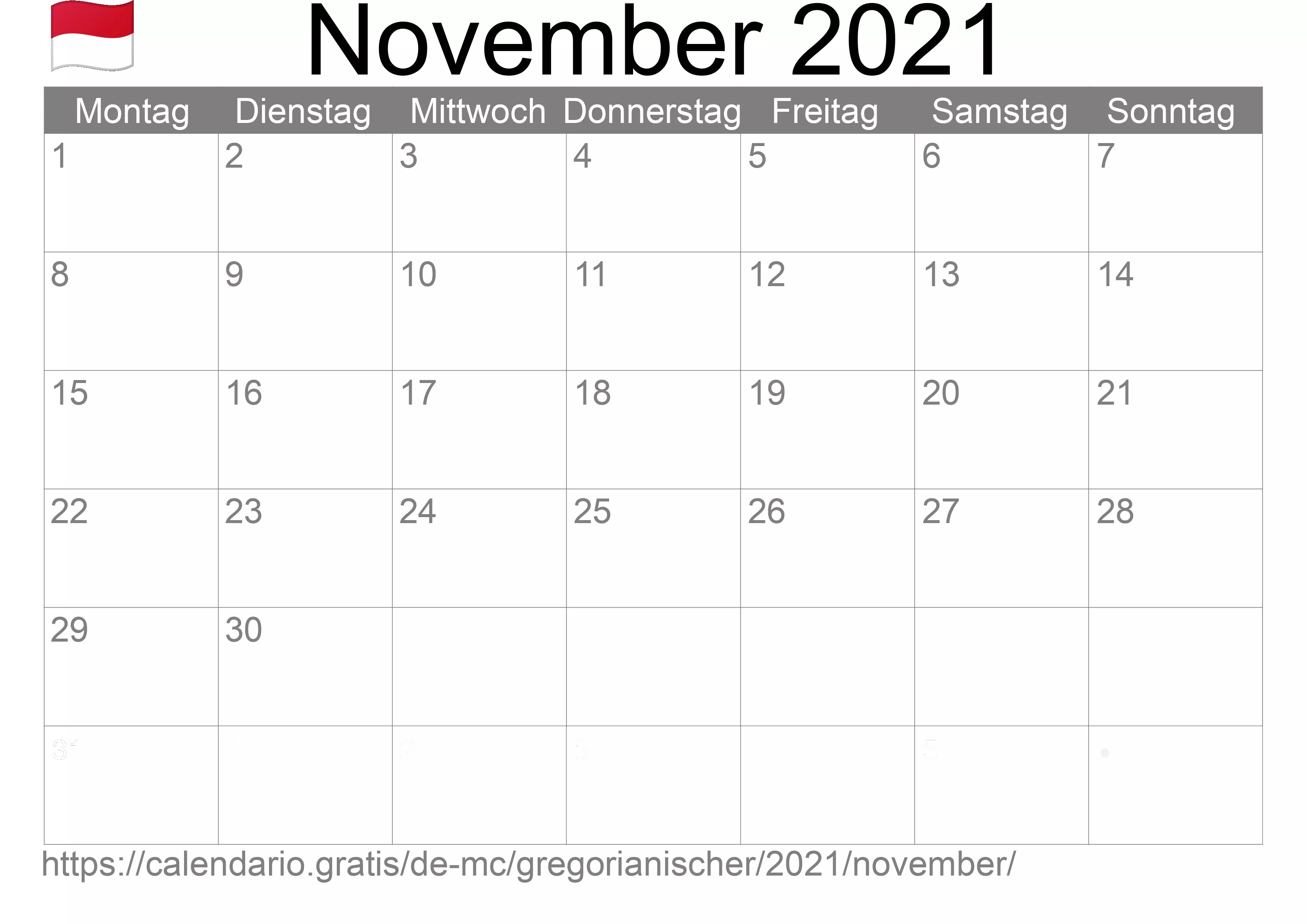 Kalender November 2021 zum Ausdrucken (Monaco)