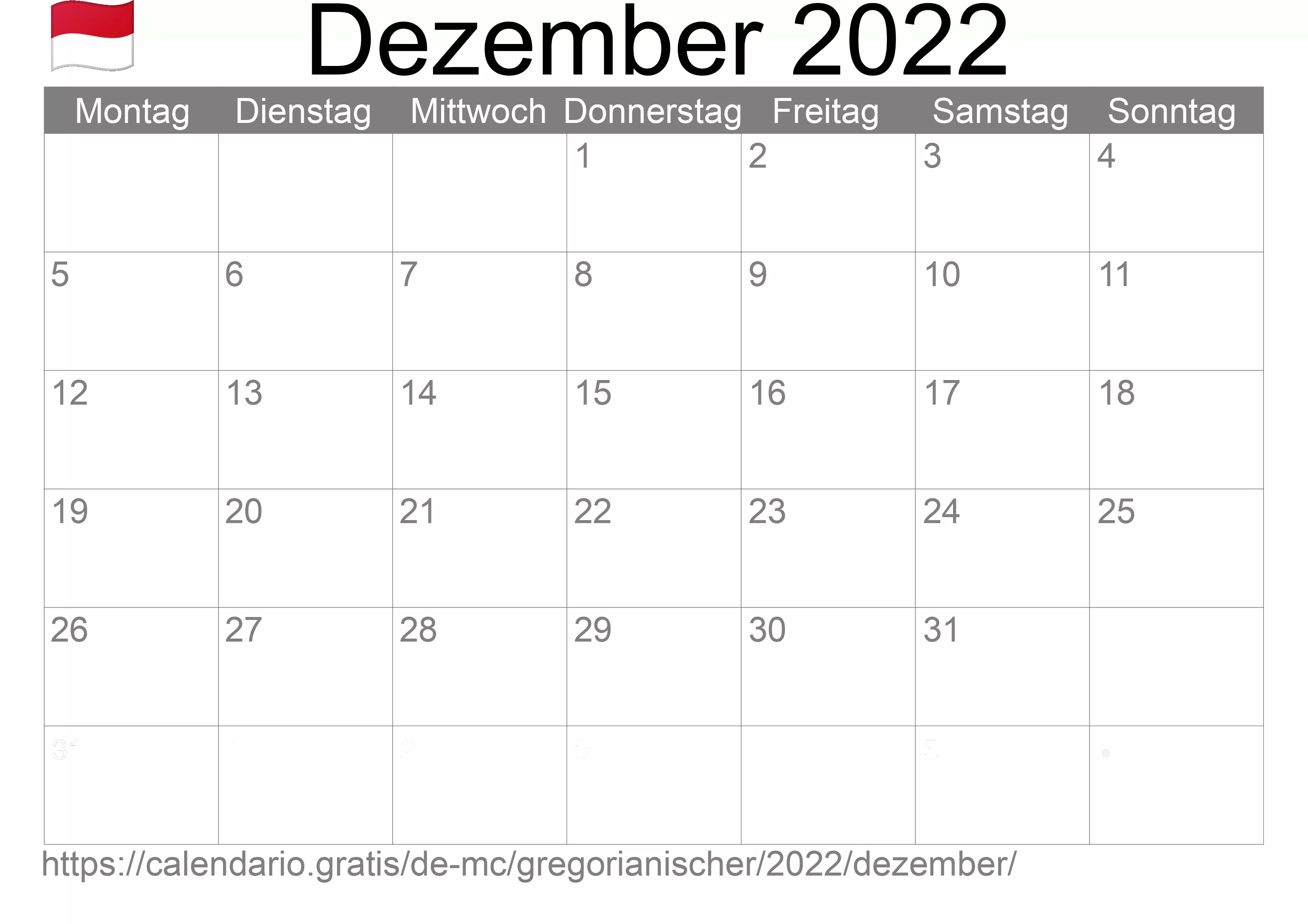 Kalender Dezember 2022 zum Ausdrucken (Monaco) Kalender Dezember 2022 zum Ausdrucken (Monaco)