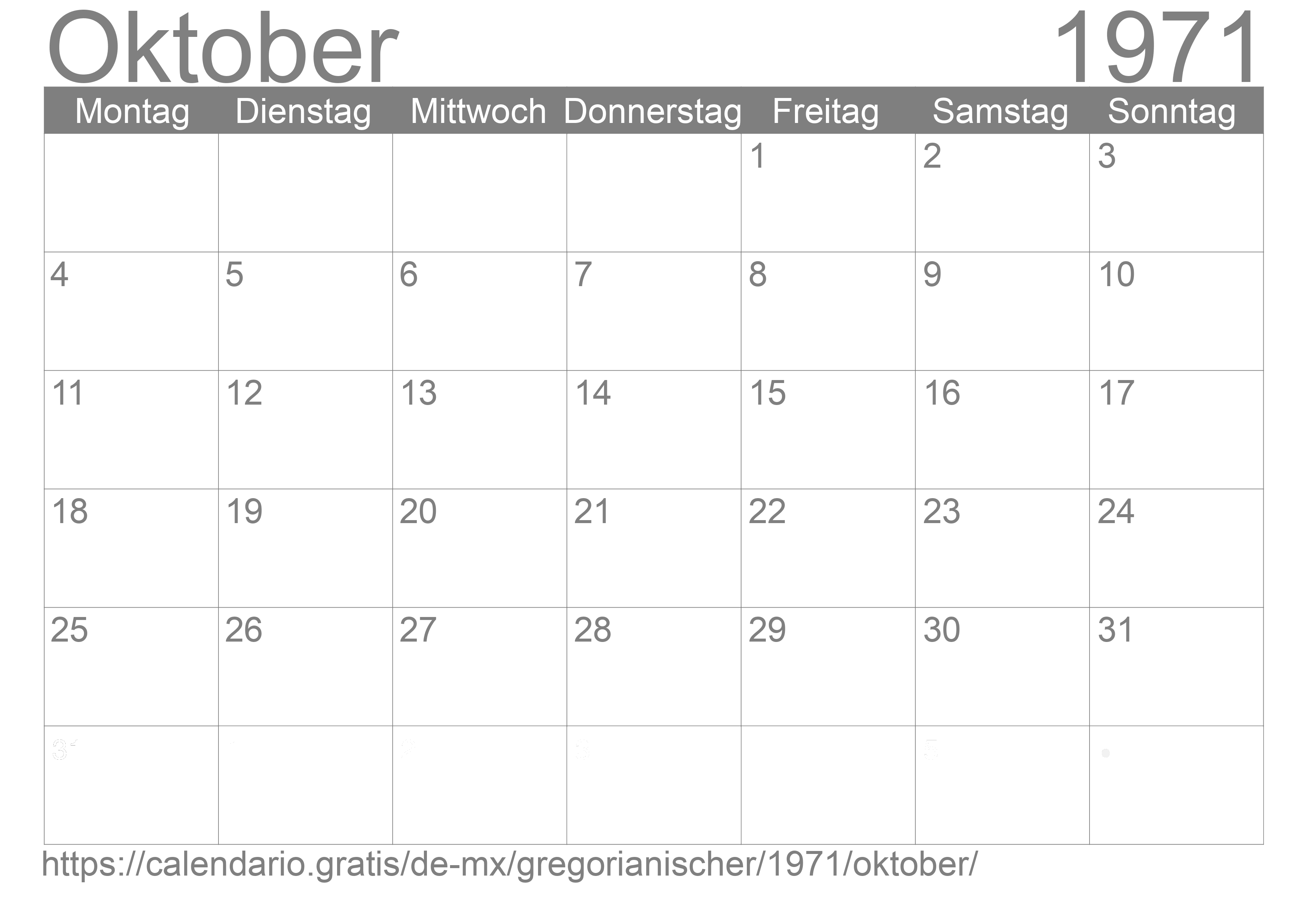 Kalender Oktober 1971 zum Ausdrucken