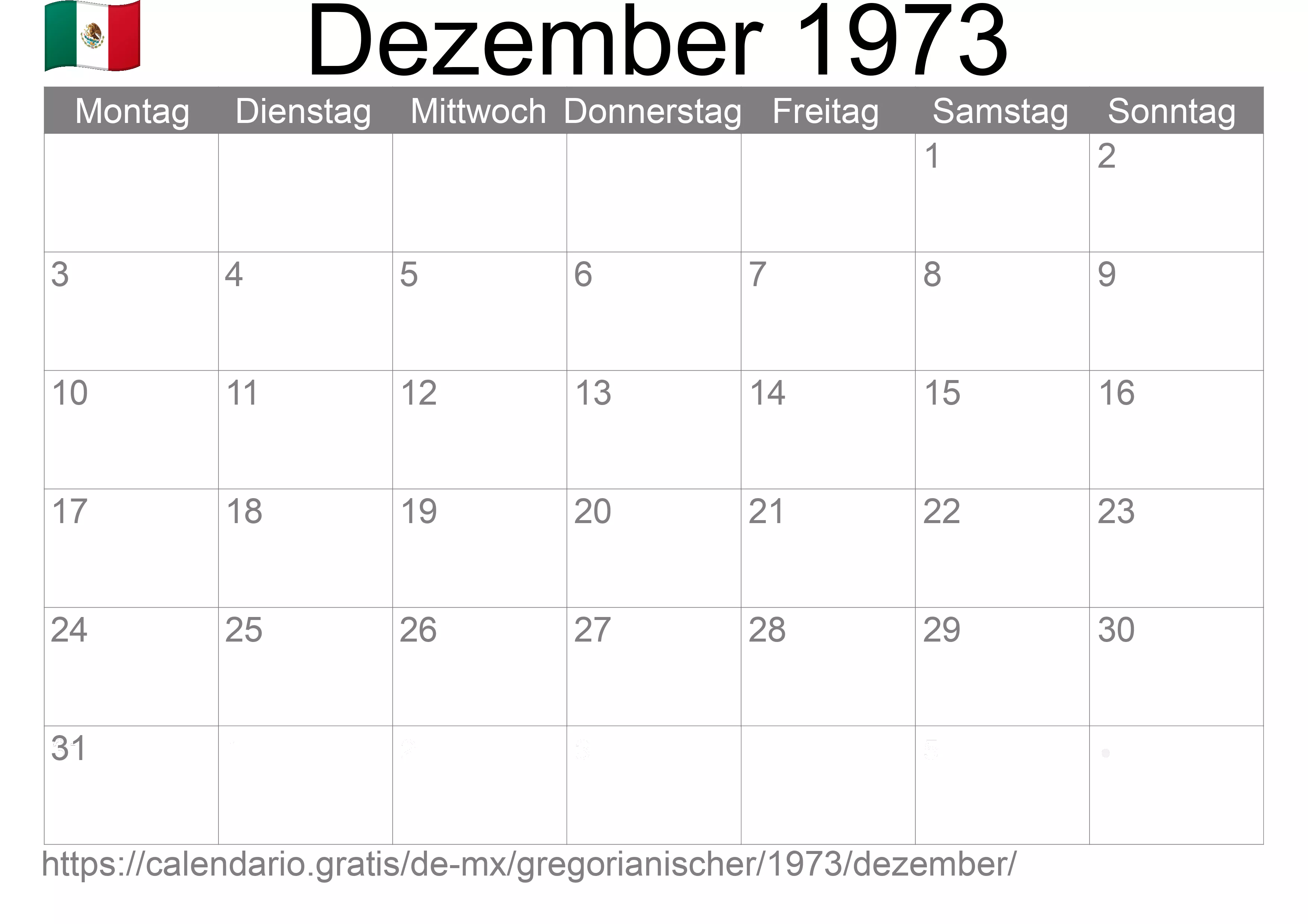 Kalender Dezember 1973 zum Ausdrucken (Mexiko)