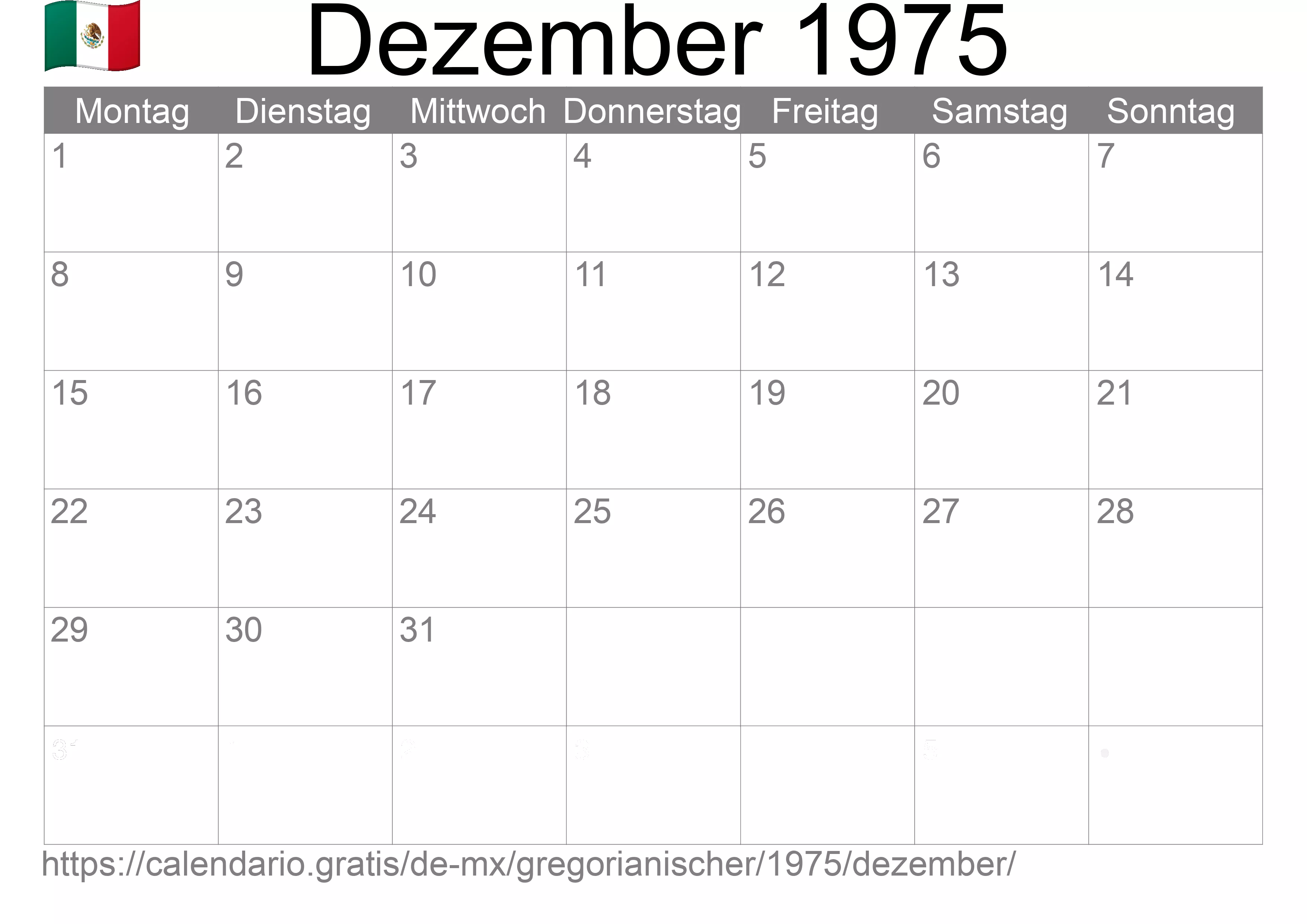 Kalender Dezember 1975 zum Ausdrucken (Mexiko)