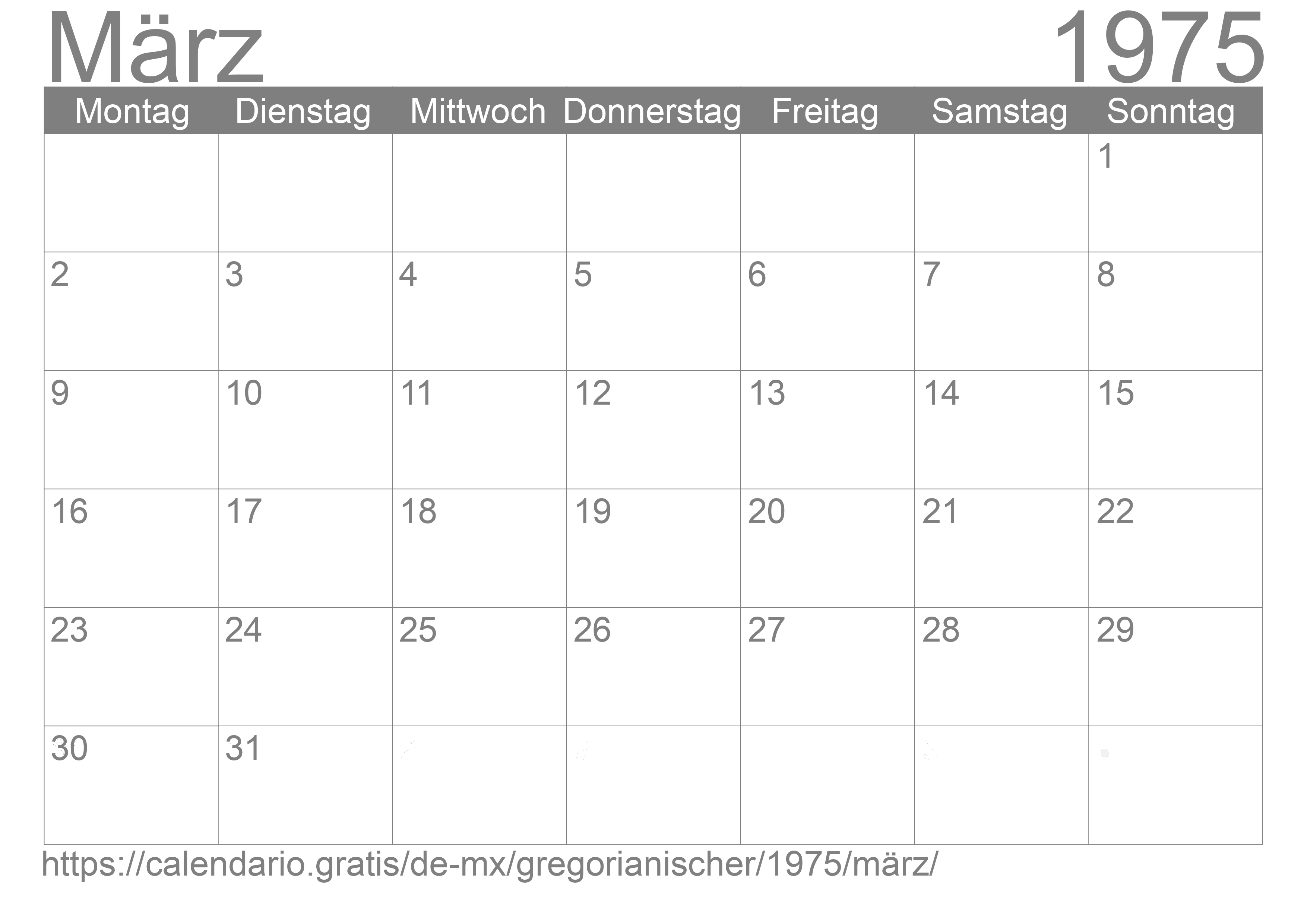 Kalender März 1975 zum Ausdrucken