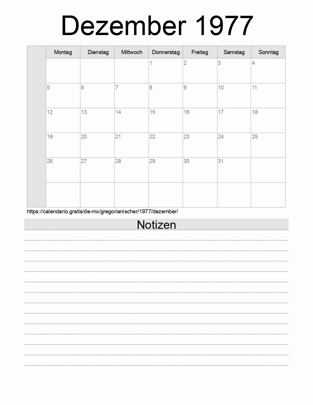 Kalender für Dezember 1977 zum Drucken mit Notizen. (Mexiko)