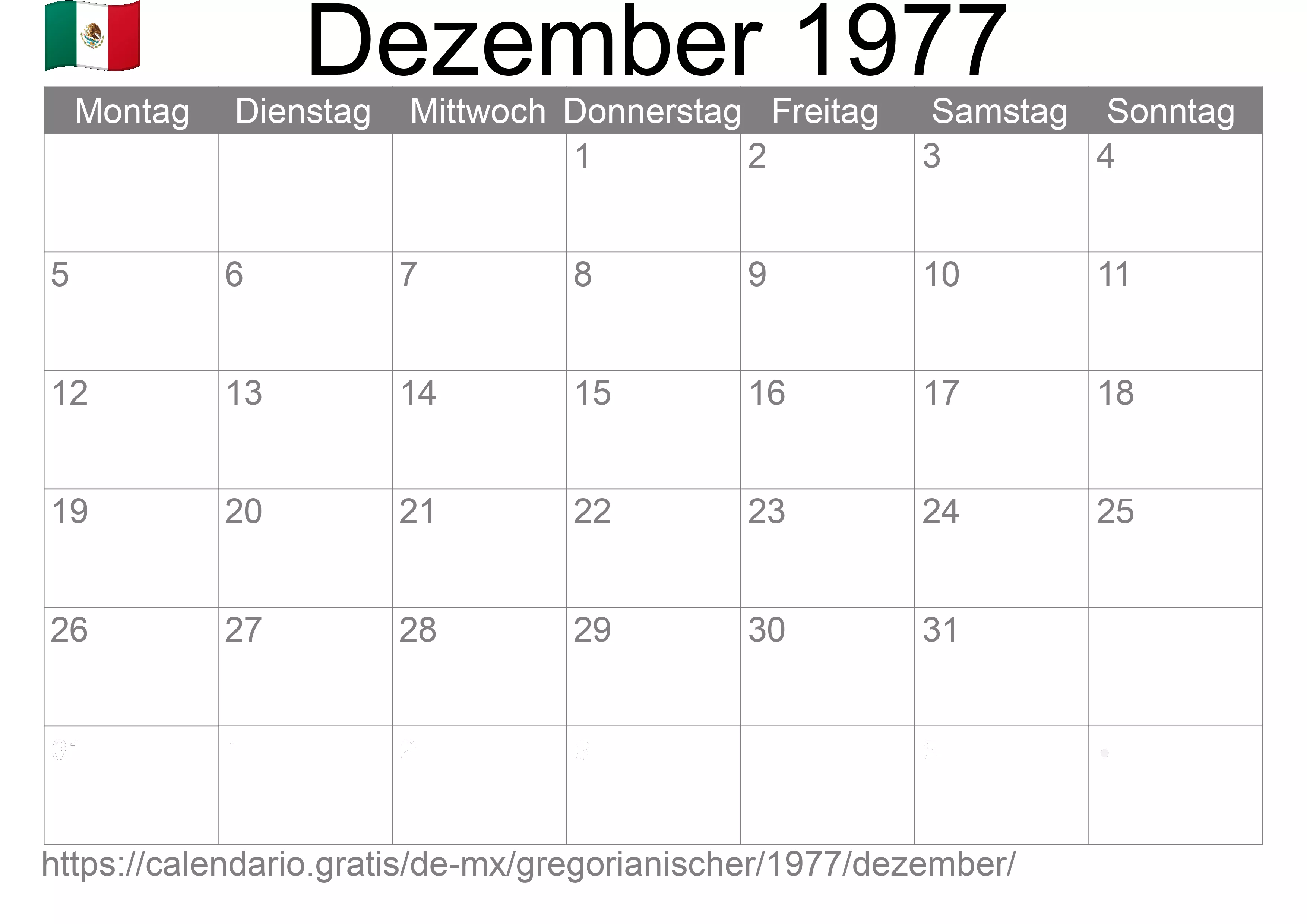 Kalender Dezember 1977 zum Ausdrucken (Mexiko)
