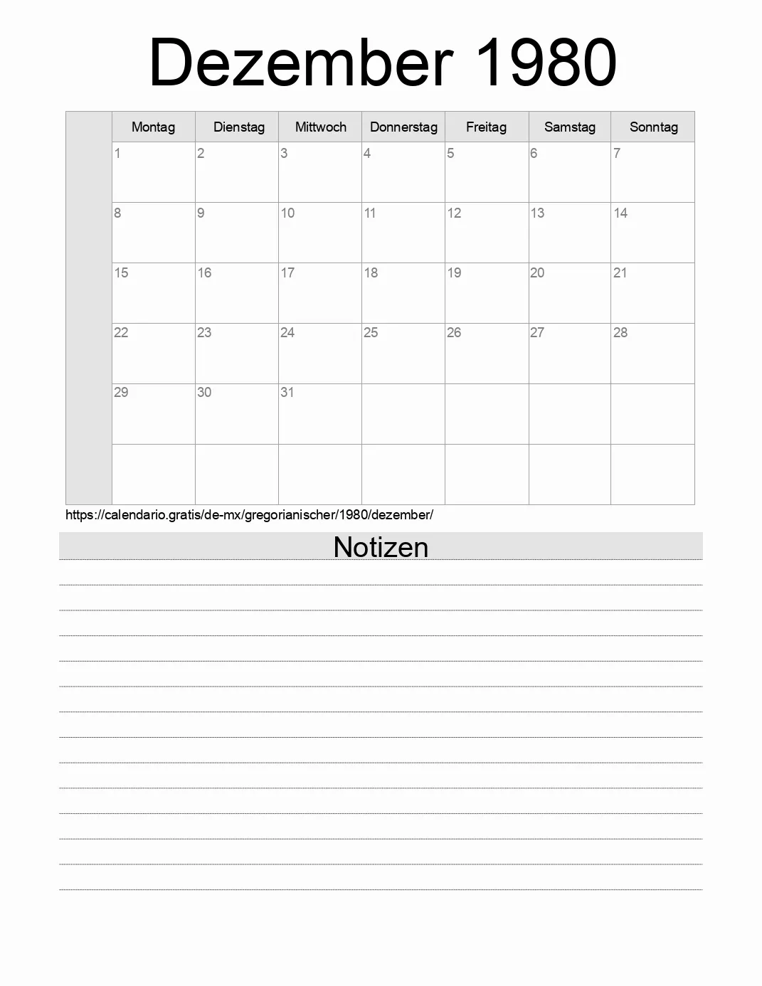 Kalender für Dezember 1980 zum Drucken mit Notizen. (Mexiko)