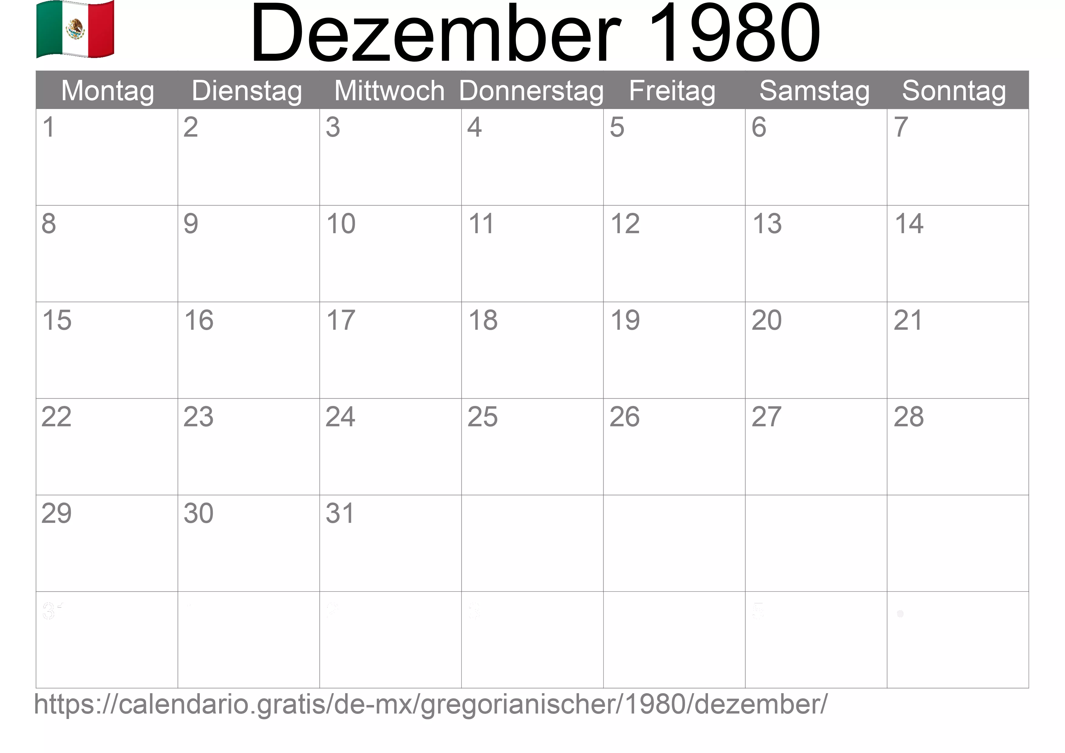 Kalender Dezember 1980 zum Ausdrucken (Mexiko)