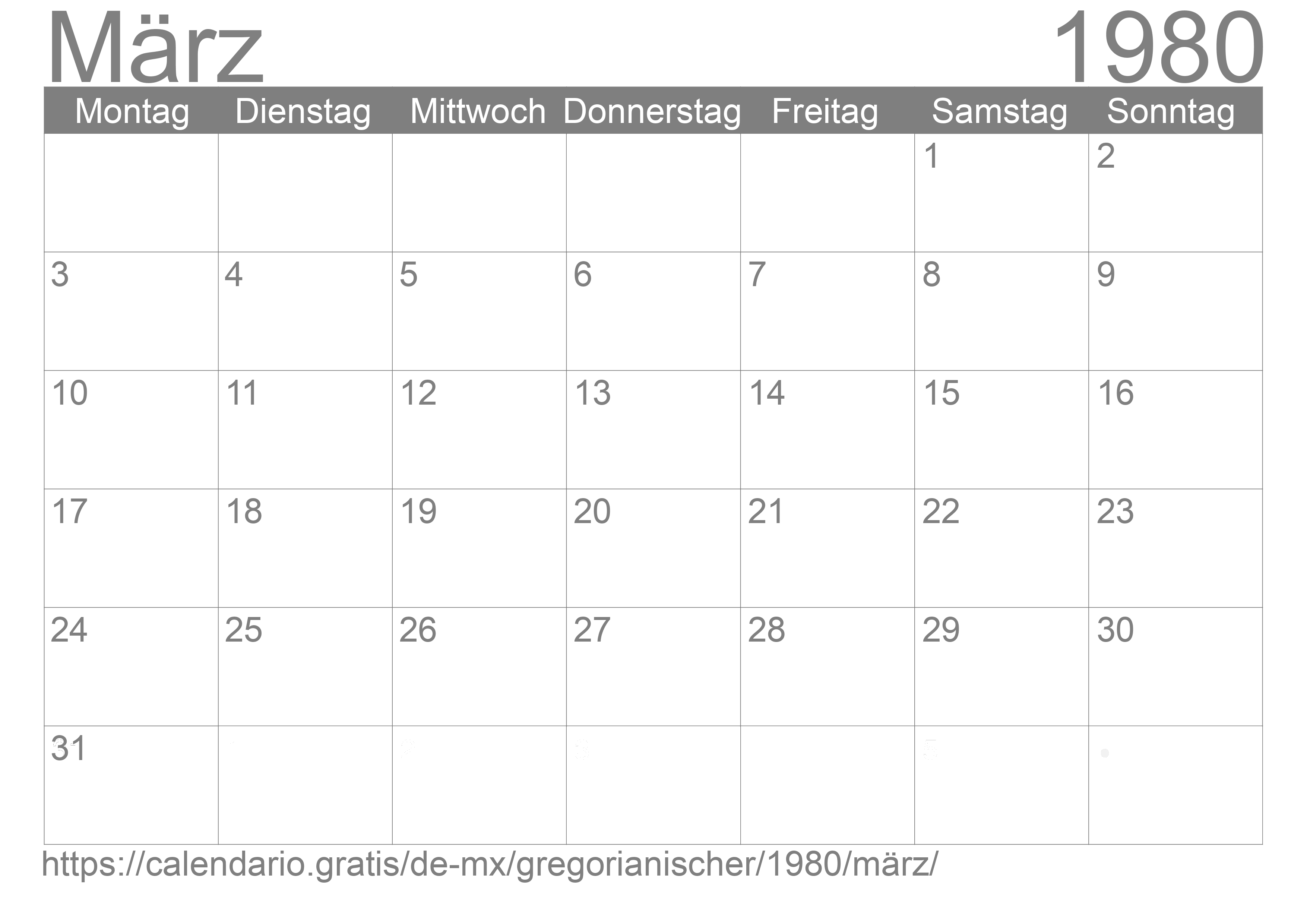 Kalender März 1980 zum Ausdrucken