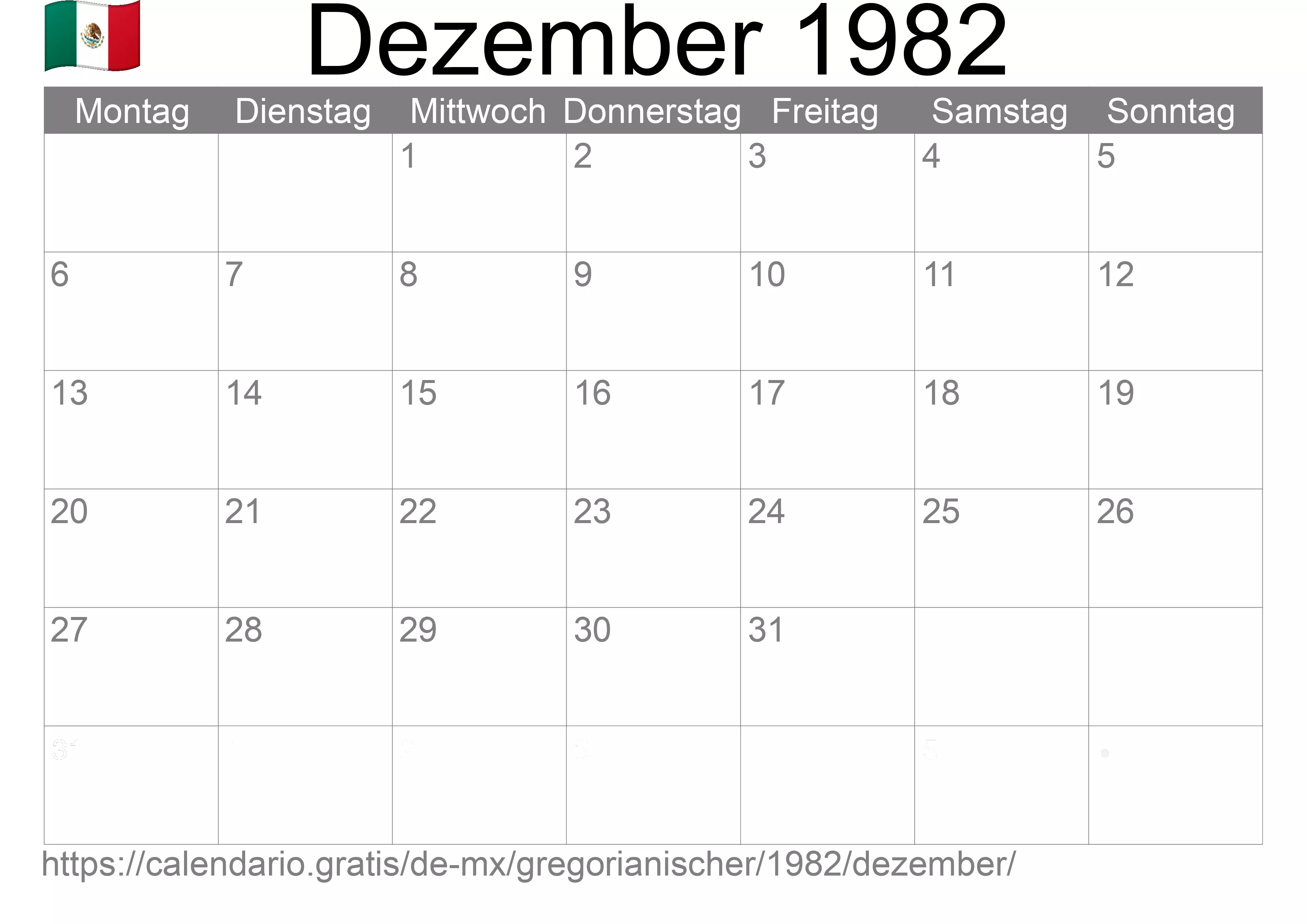 Kalender Dezember 1982 zum Ausdrucken (Mexiko)