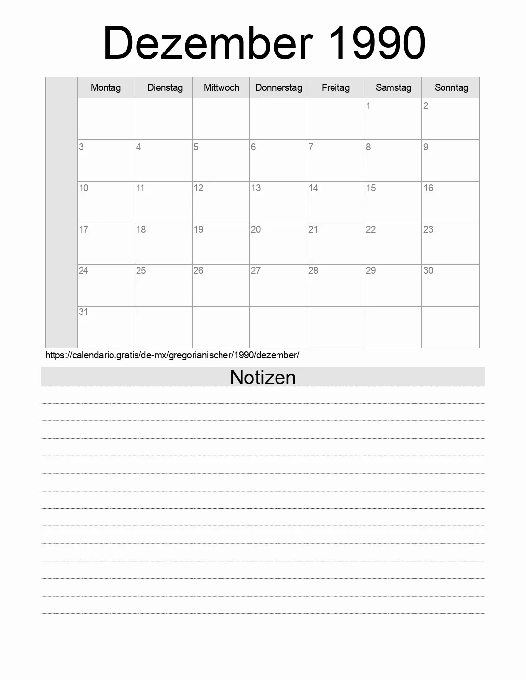 Kalender für Dezember 1990 zum Drucken mit Notizen. (Mexiko)