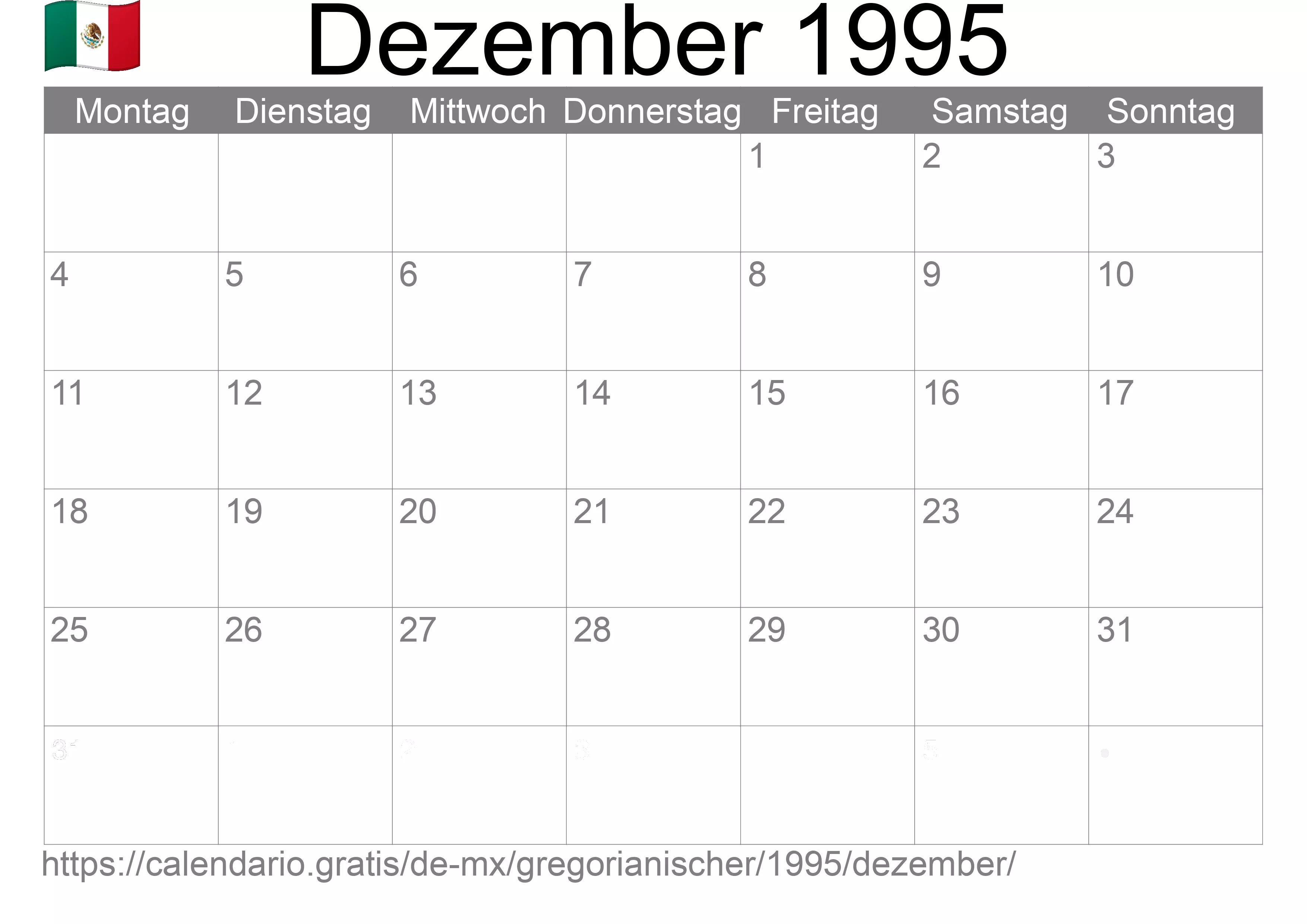Kalender Dezember 1995 zum Ausdrucken (Mexiko)