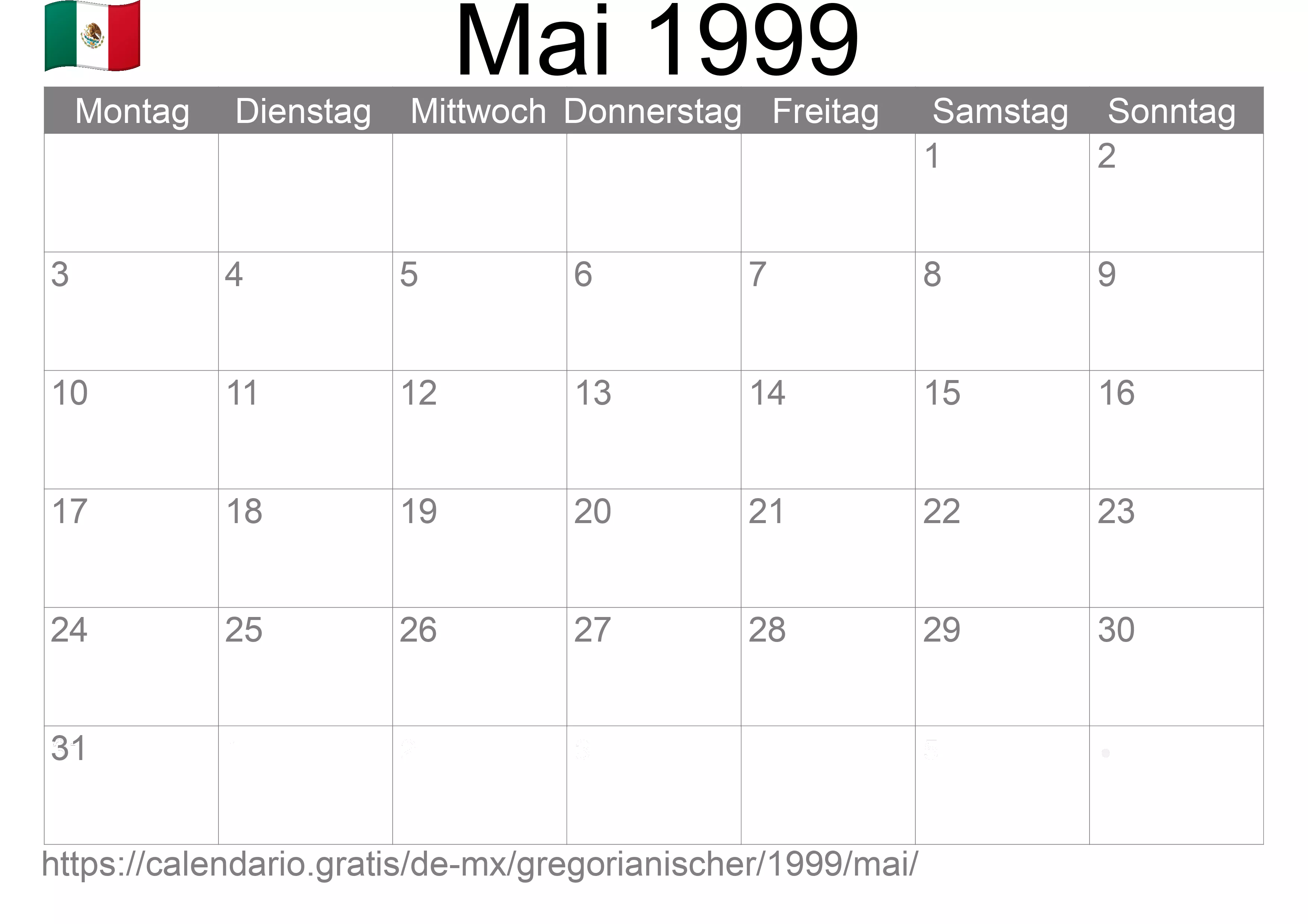 Kalender Mai 1999 zum Ausdrucken (Mexiko)