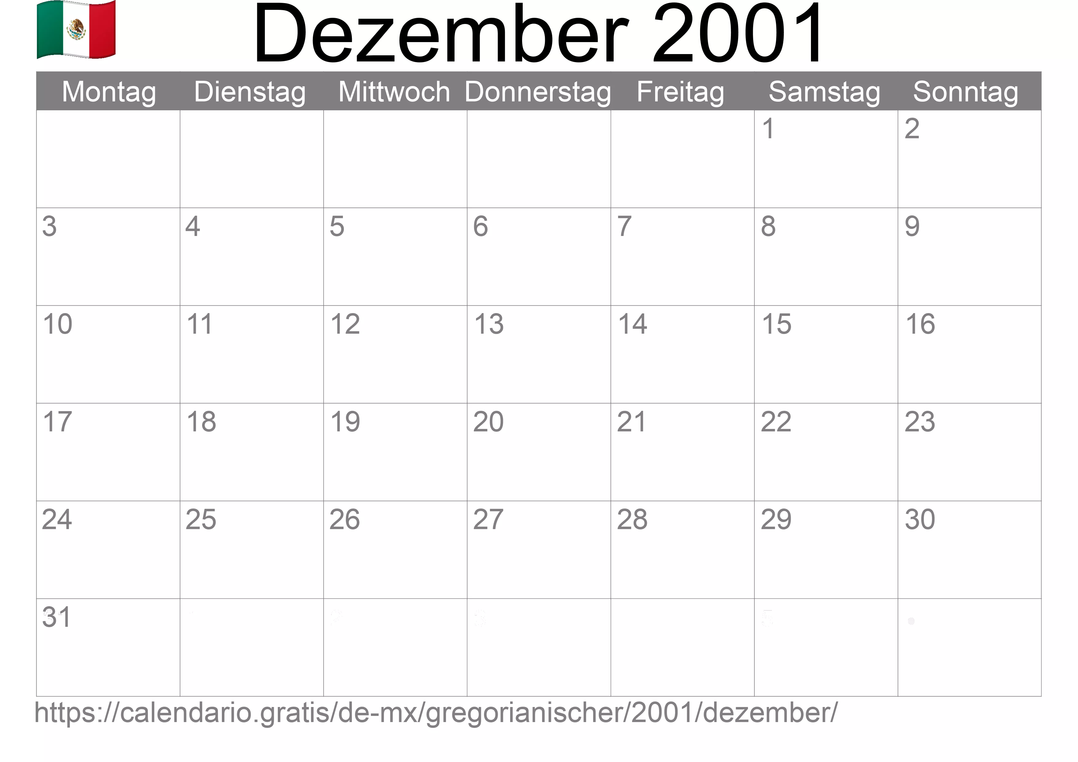 Kalender Dezember 2001 zum Ausdrucken (Mexiko)
