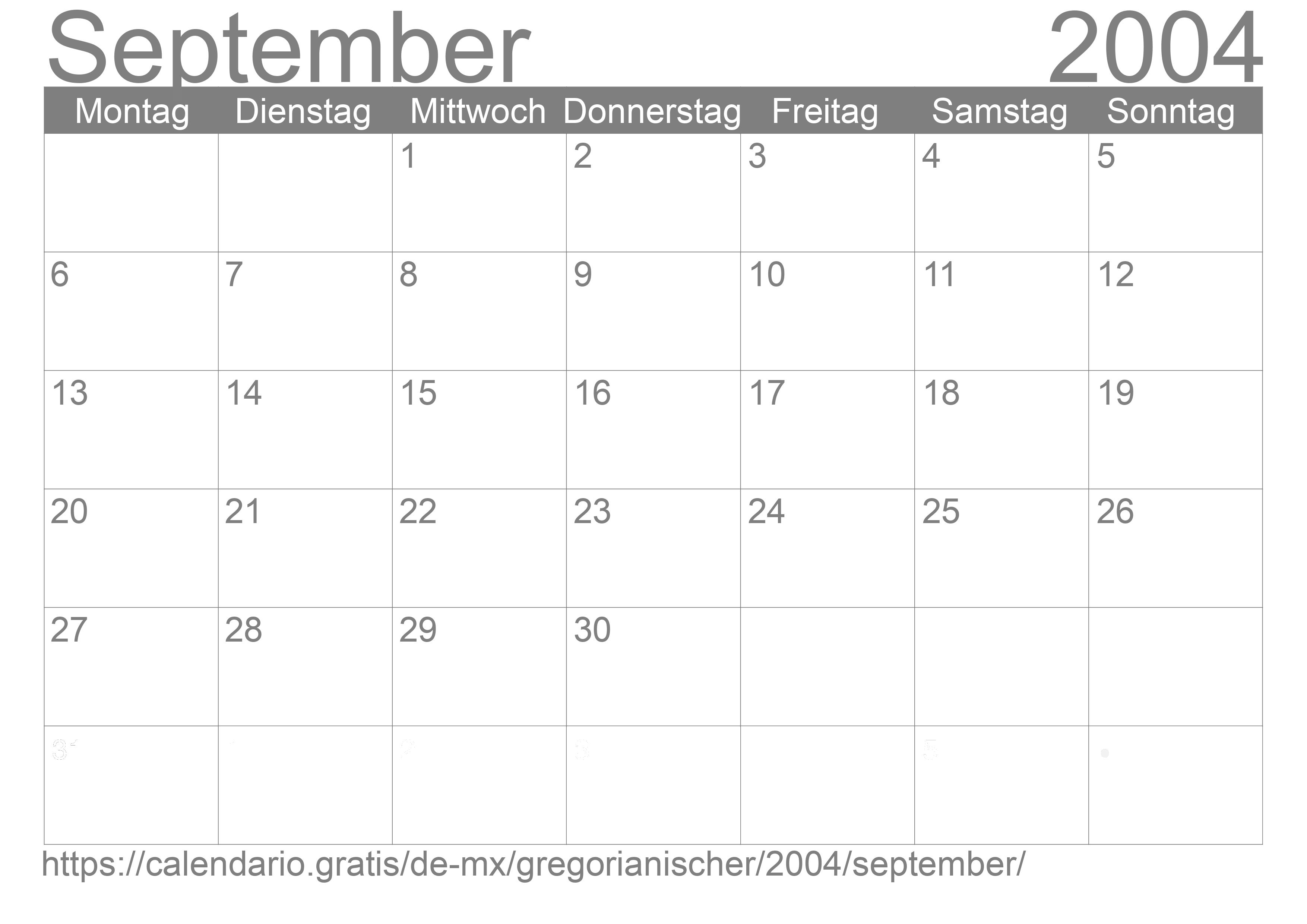 Kalender September 2004 zum Ausdrucken