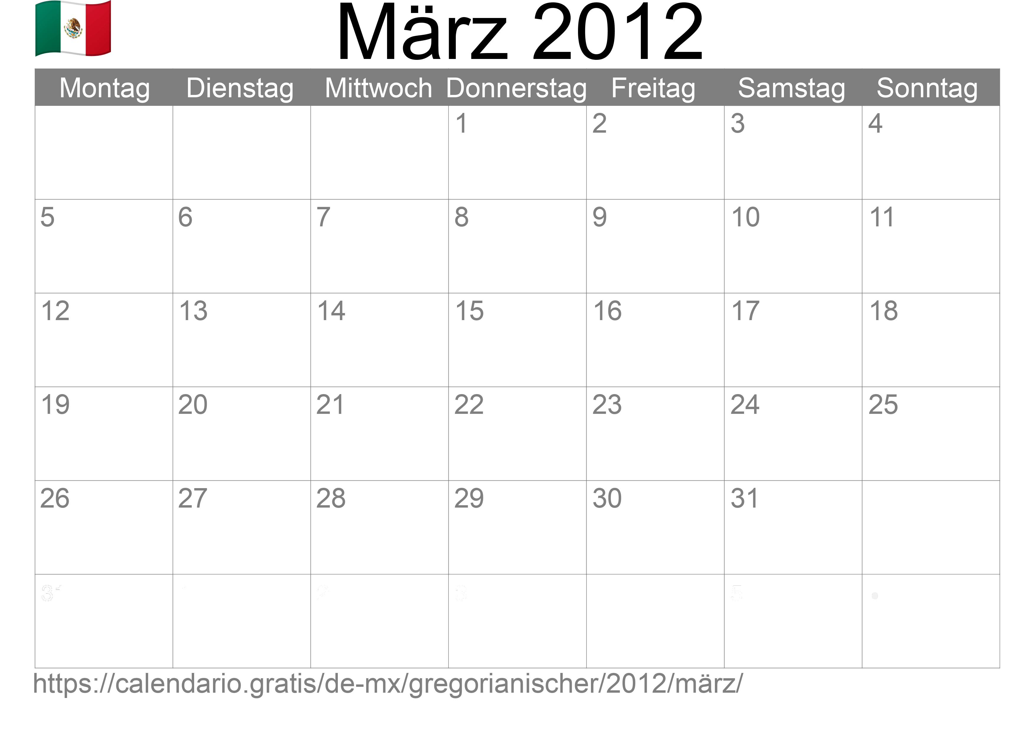 Kalender März 2012 zum Ausdrucken