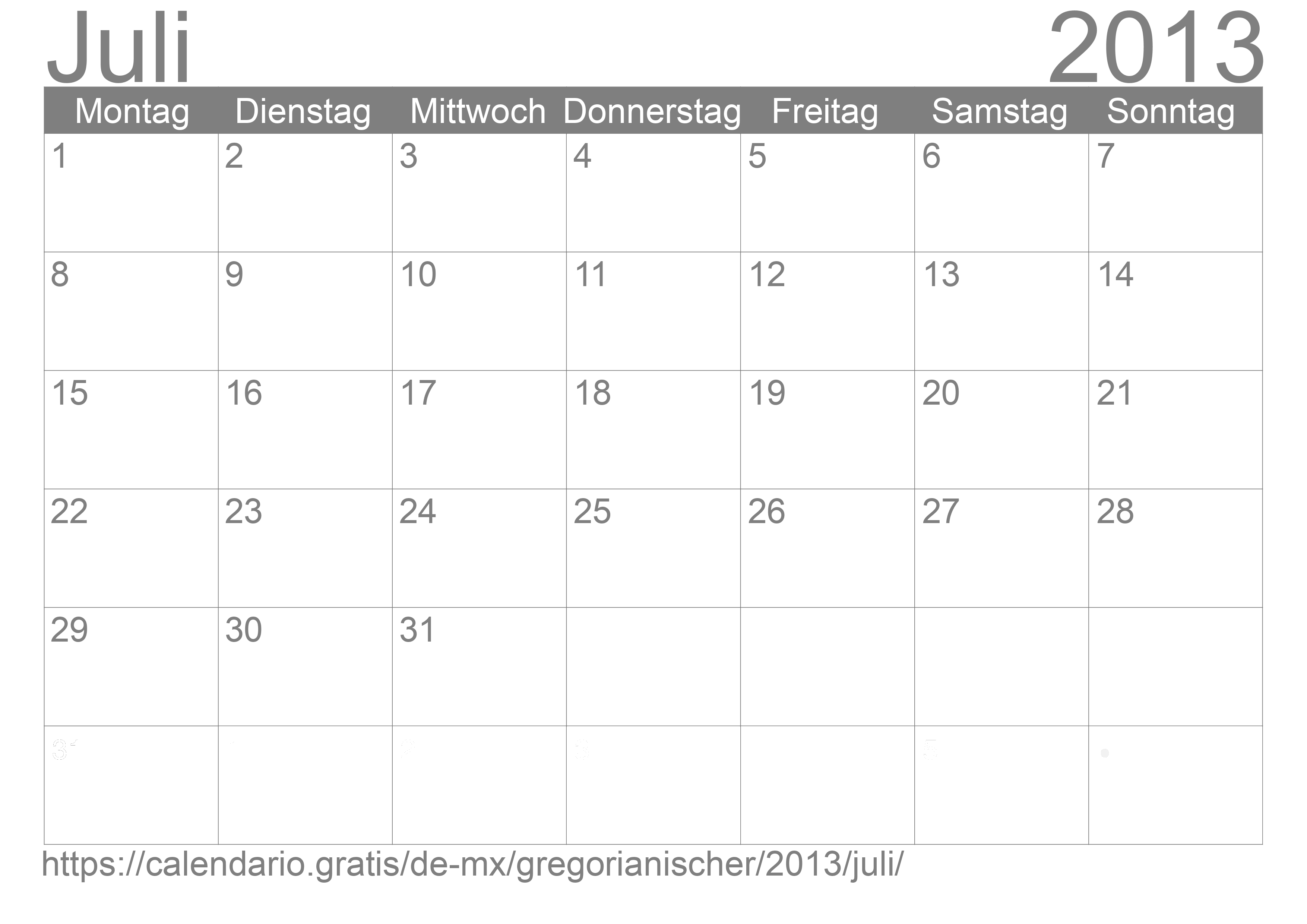 Kalender Juli 2013 zum Ausdrucken