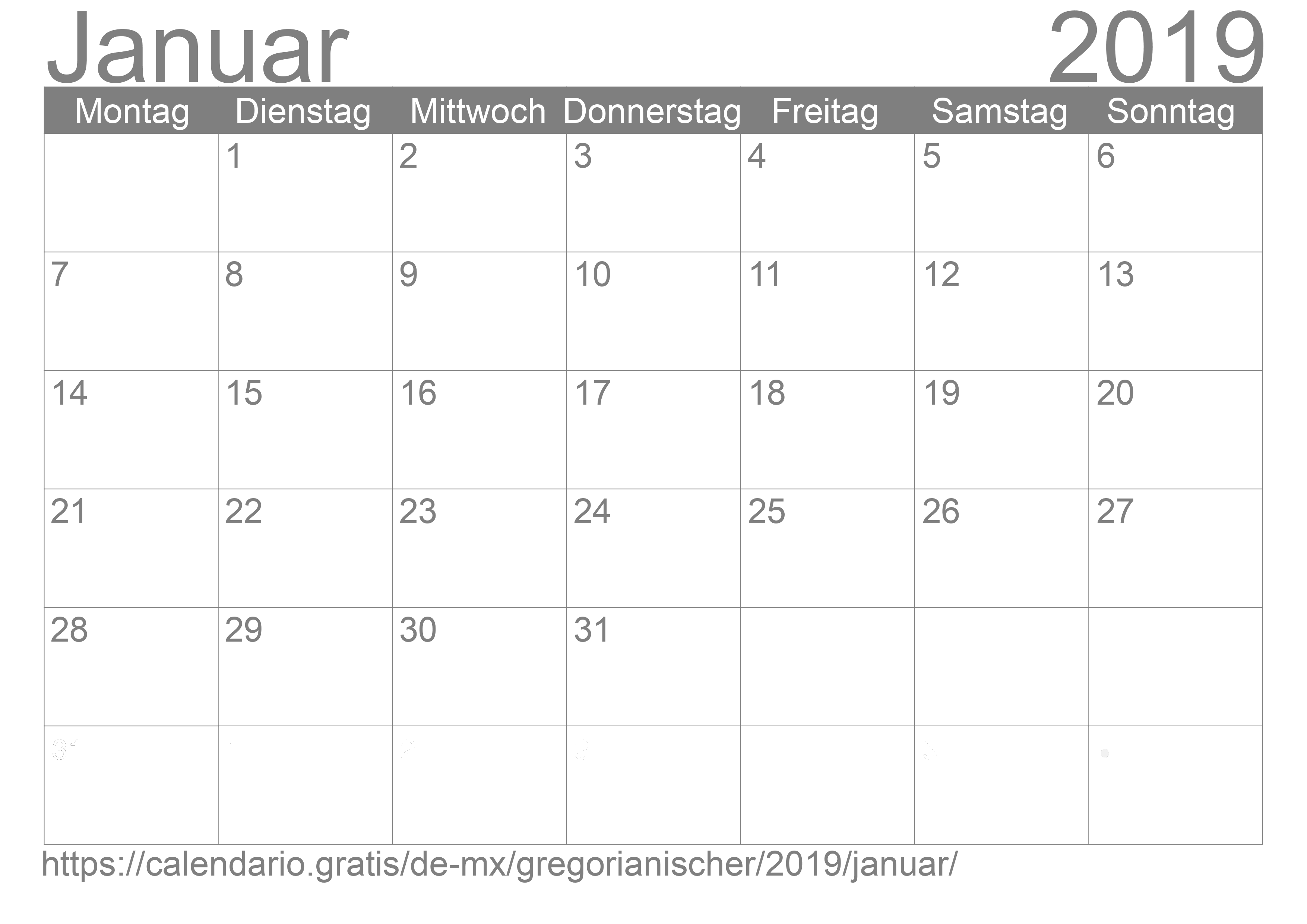 Kalender Januar 2019 zum Ausdrucken