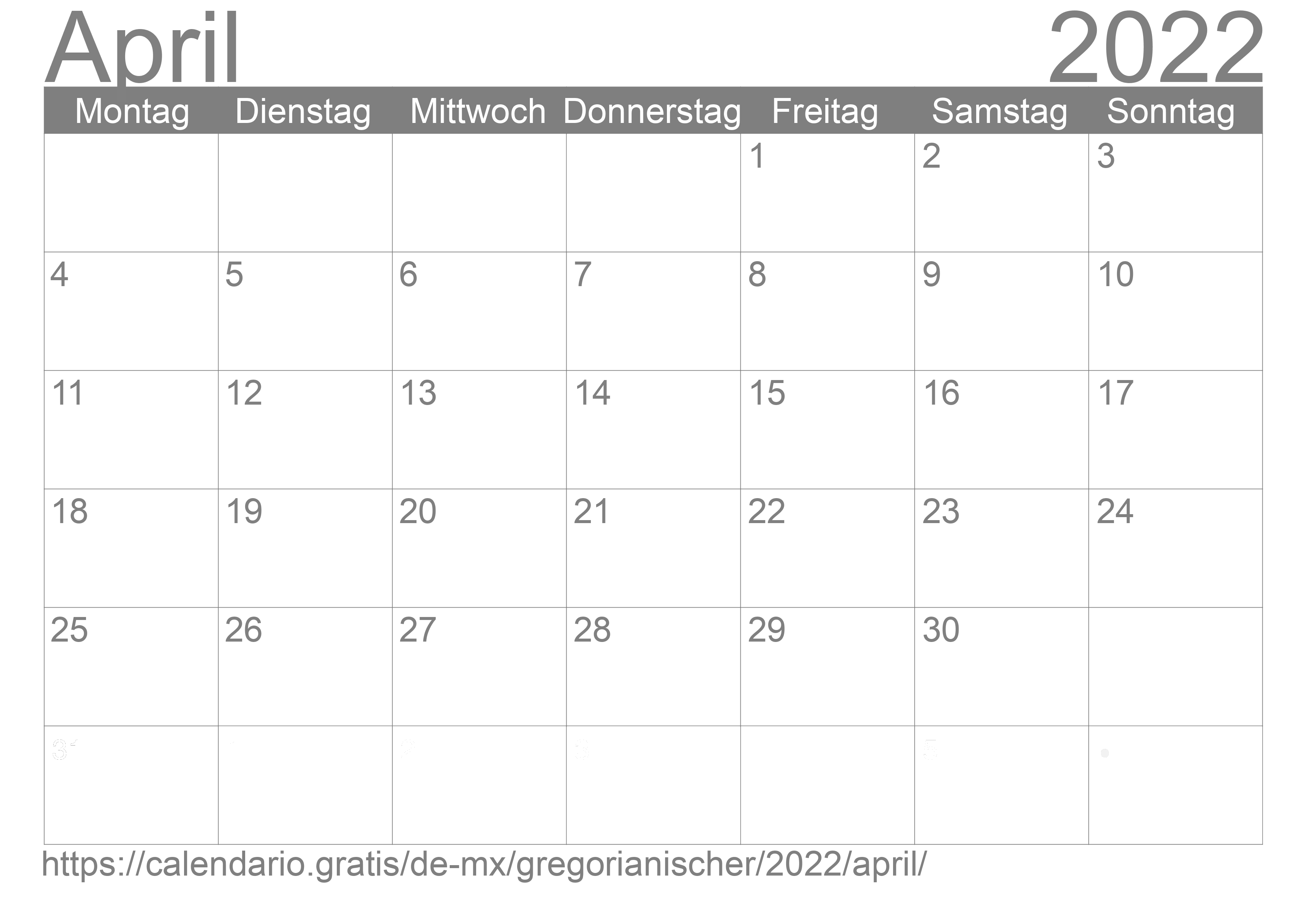 Kalender April 2022 zum Ausdrucken