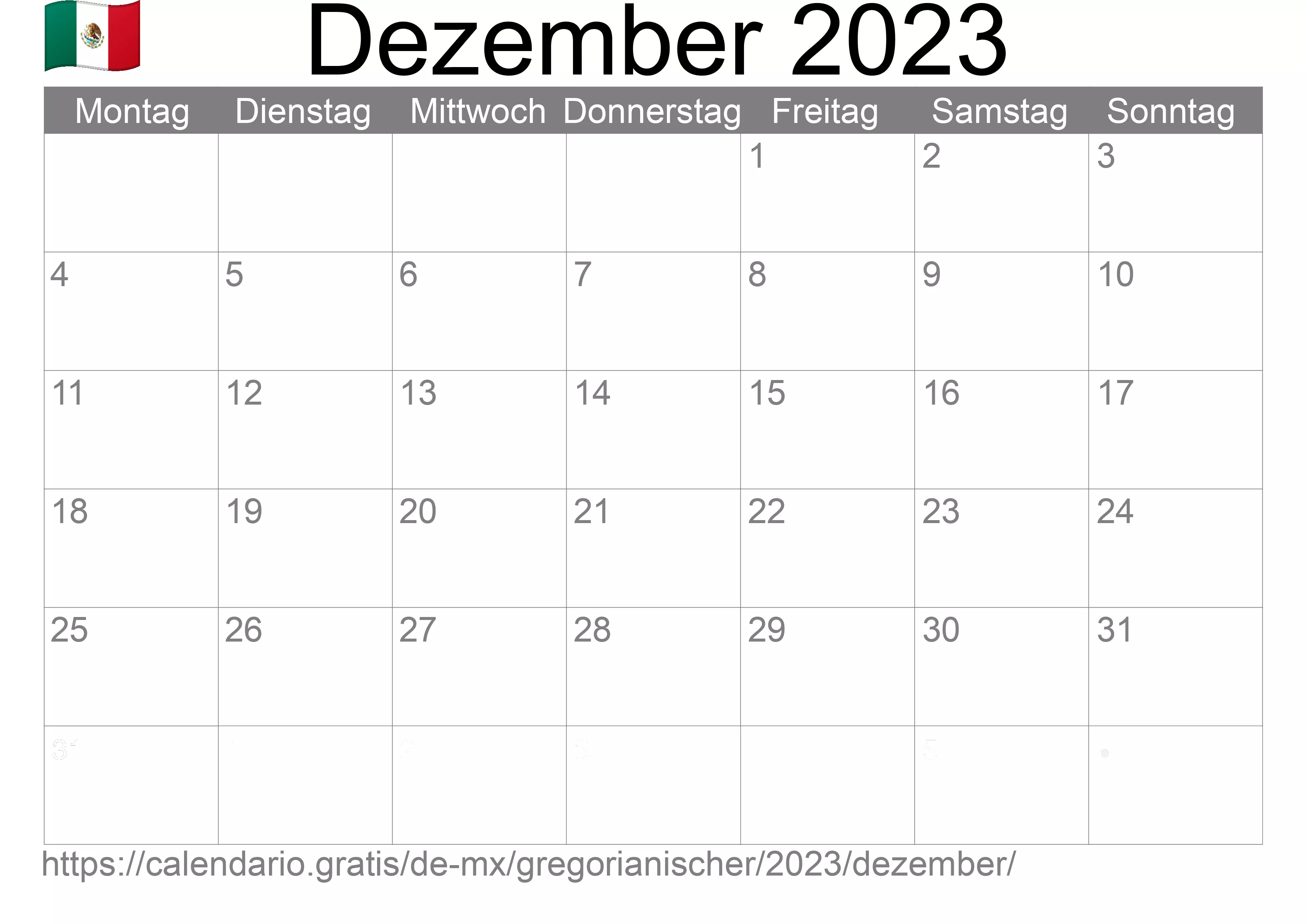 Kalender Dezember 2023 zum Ausdrucken (Mexiko)