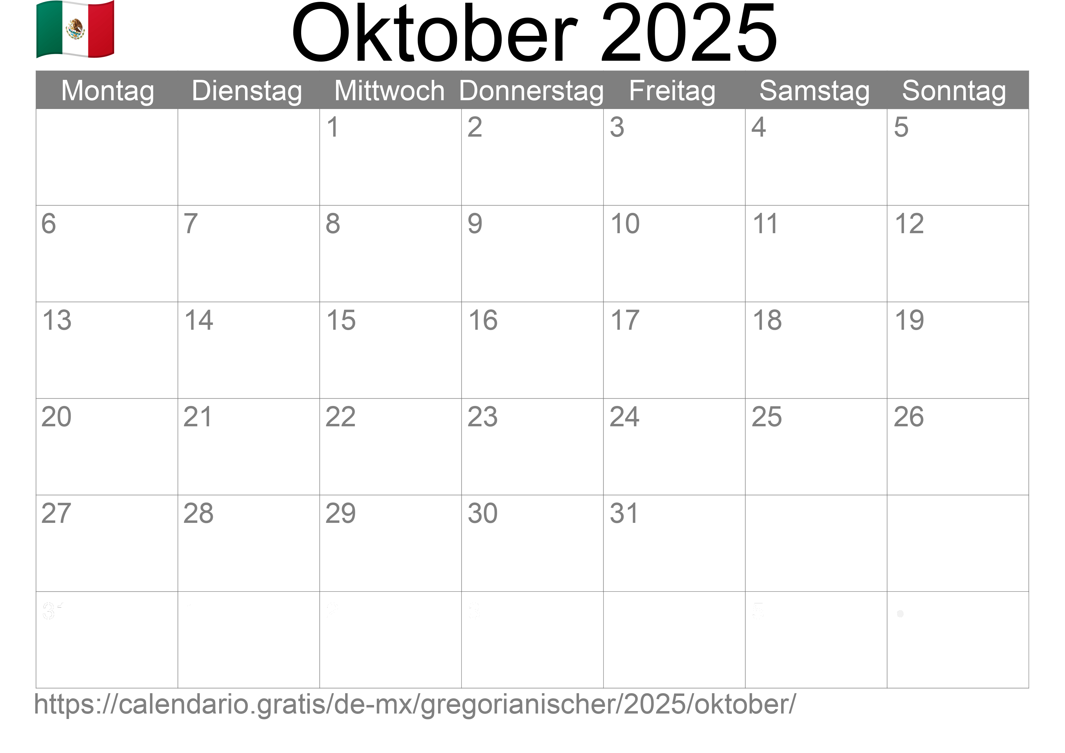 Kalender Oktober 2025 zum Ausdrucken