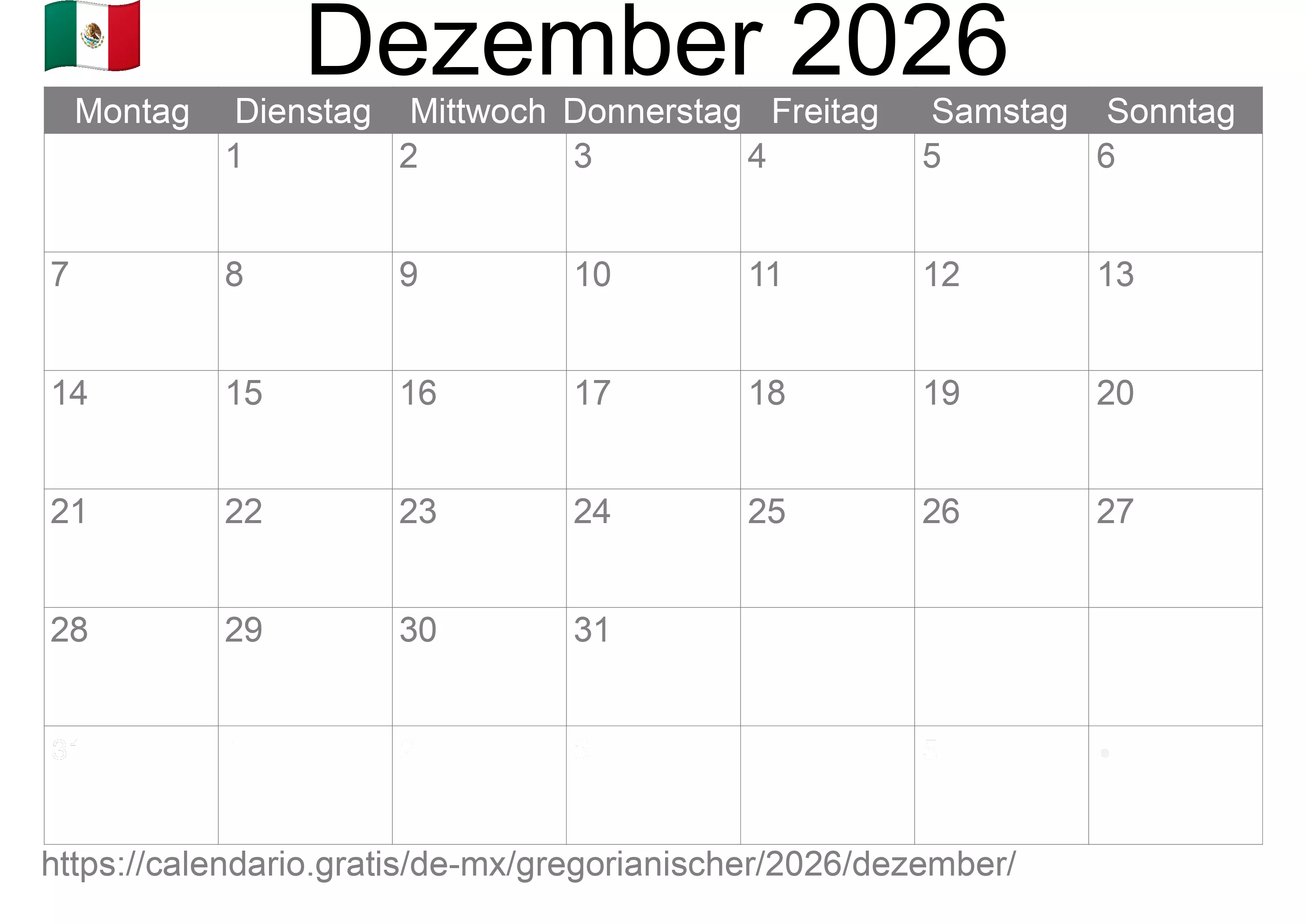 Kalender Dezember 2026 zum Ausdrucken (Mexiko)