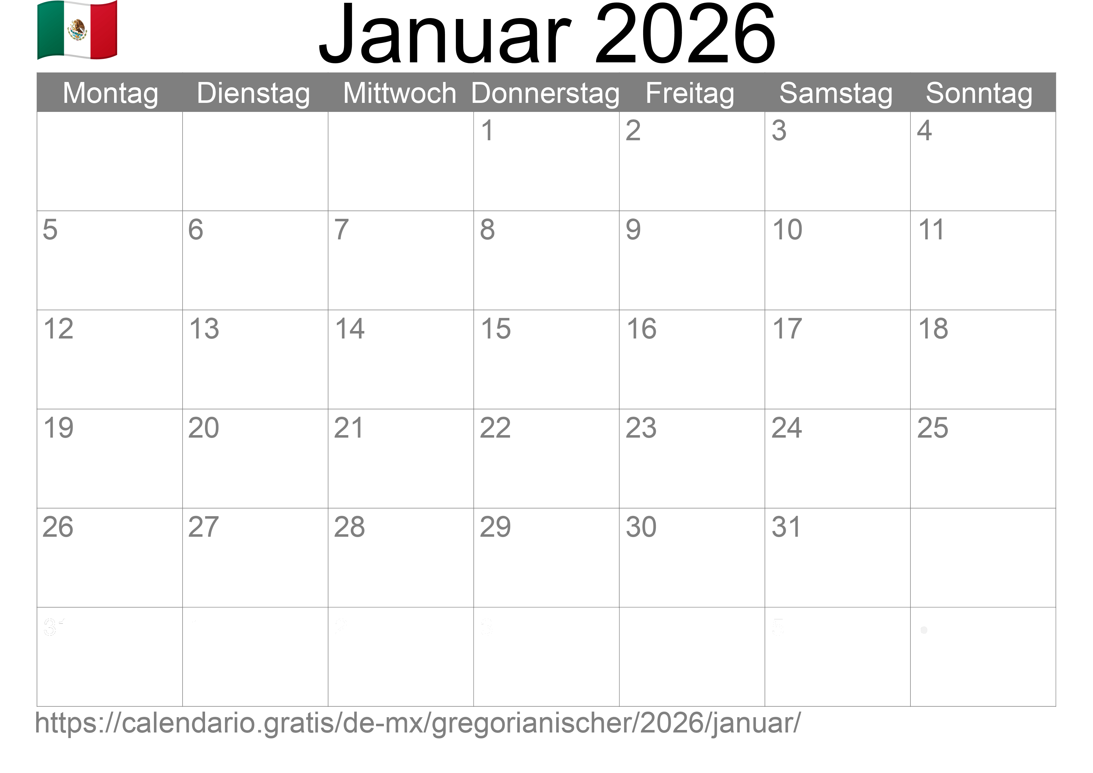 Kalender Januar 2026 zum Ausdrucken