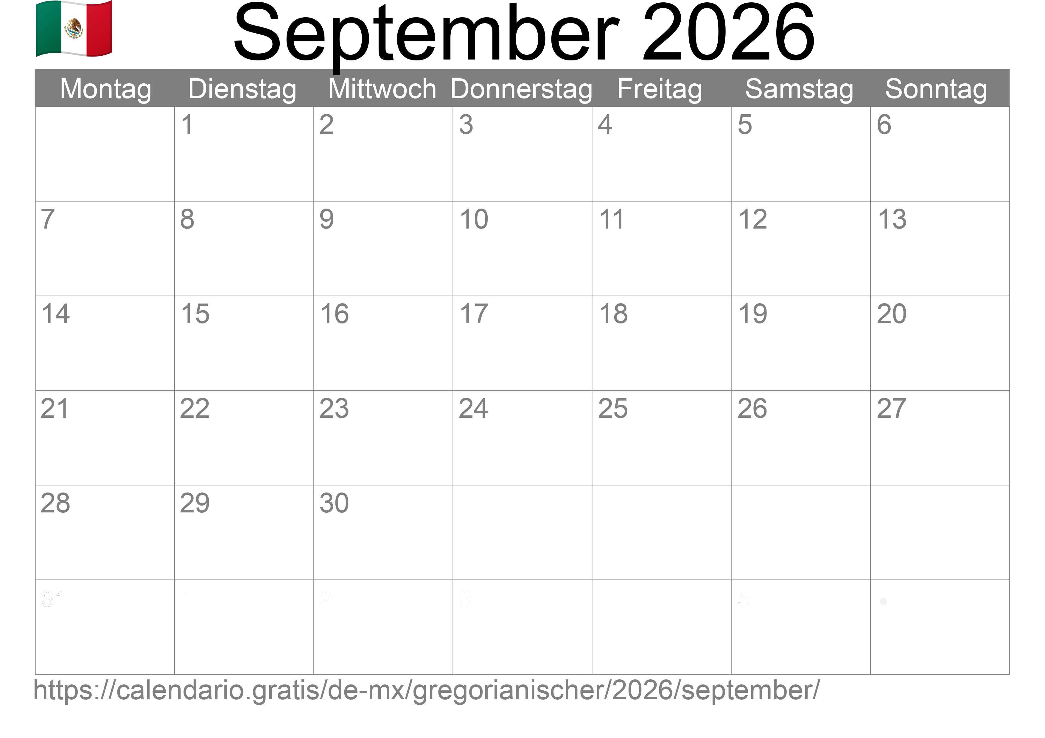 Kalender September 2026 zum Ausdrucken