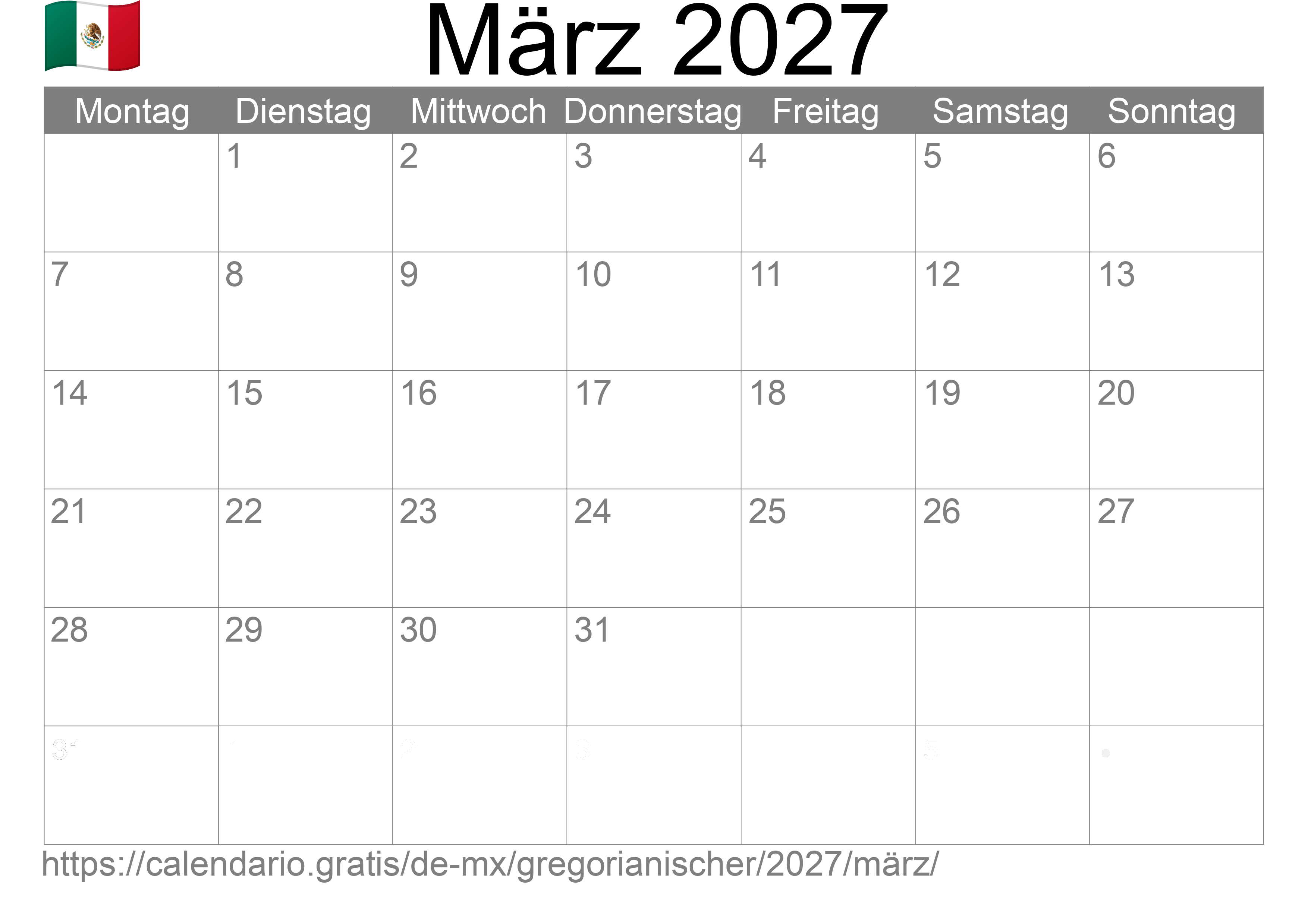 Kalender März 2027 zum Ausdrucken